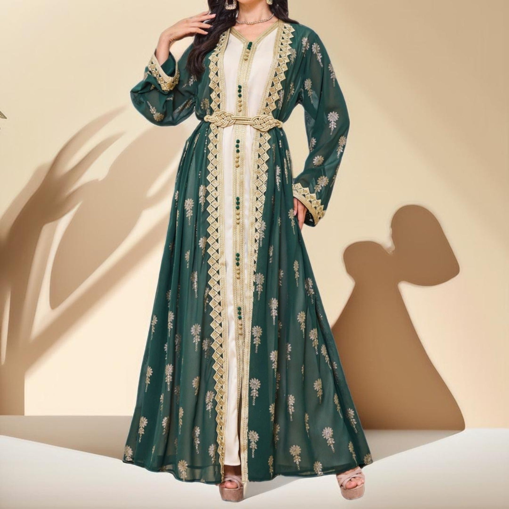 Algerian Style Embroidered Kaftan Plus Inner Vest and Belt, view 2