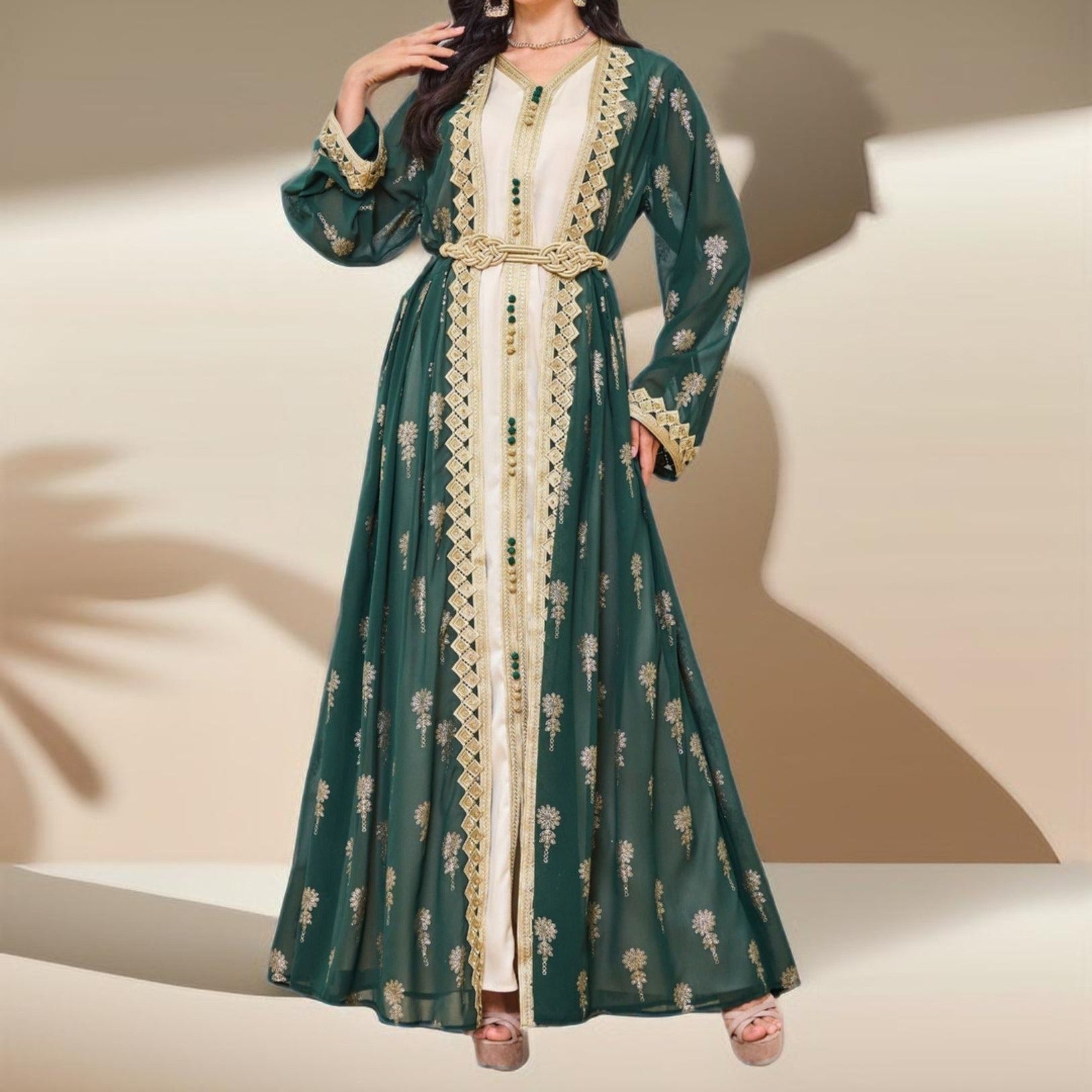 Algerian Style Embroidered Kaftan Plus Inner Vest and Belt, view 4