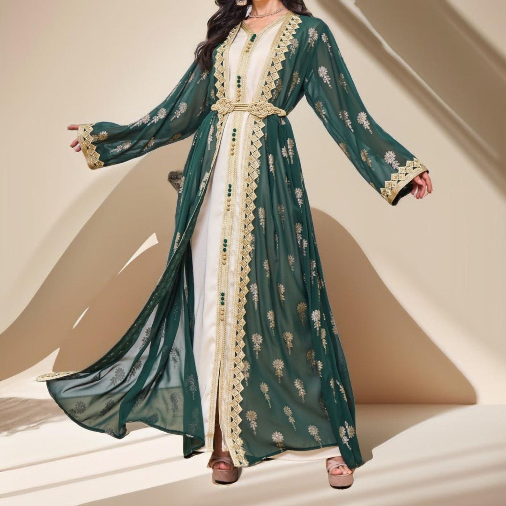 Algerian Style Embroidered Kaftan Plus Inner Vest and Belt, view 7