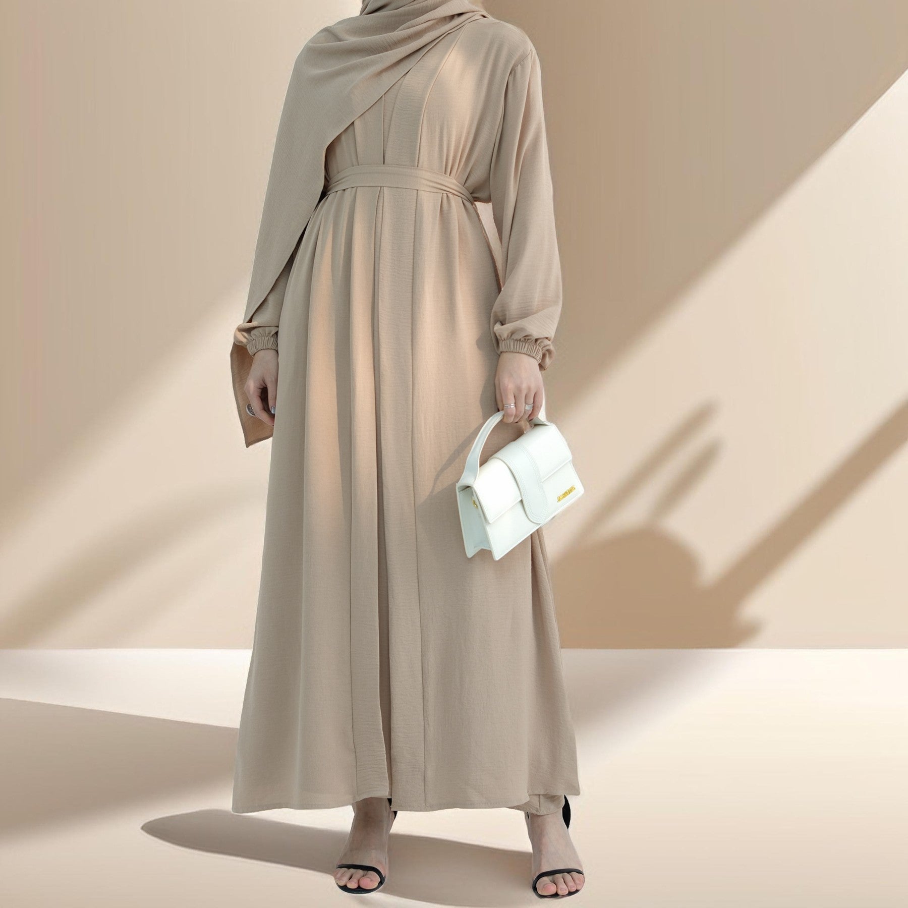 Classic Solid Color Abaya with Hijab Set (3pcs), view 2