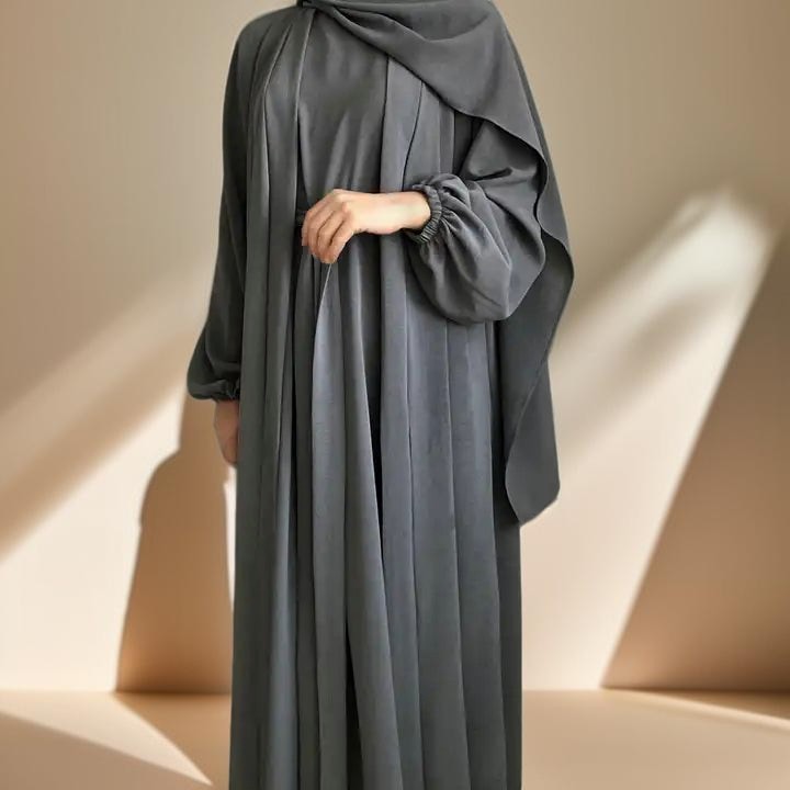 Classic Solid Color Abaya with Hijab Set (3pcs), view 6
