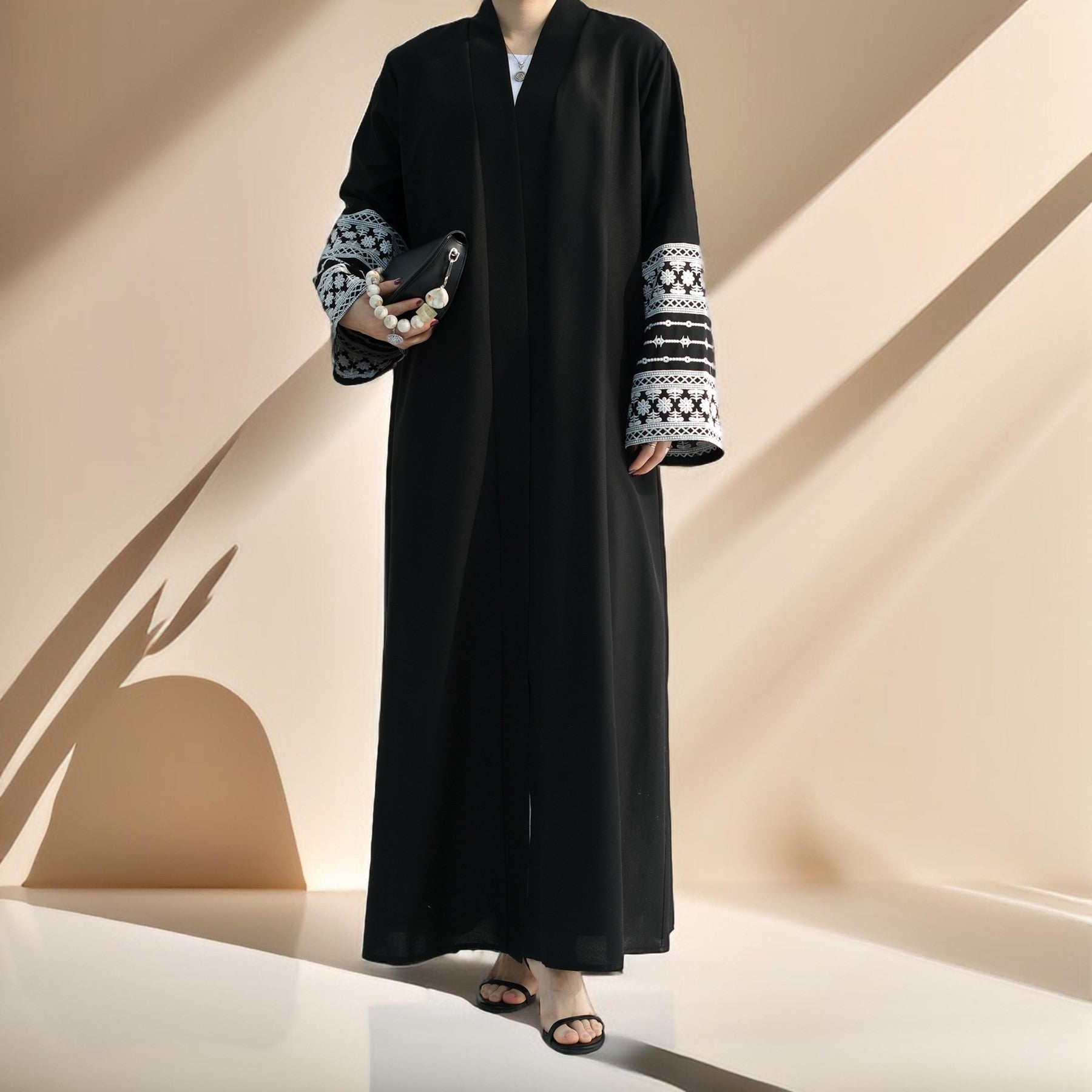Traditional Embroidered Linen Abaya with Open Front by Try Modest