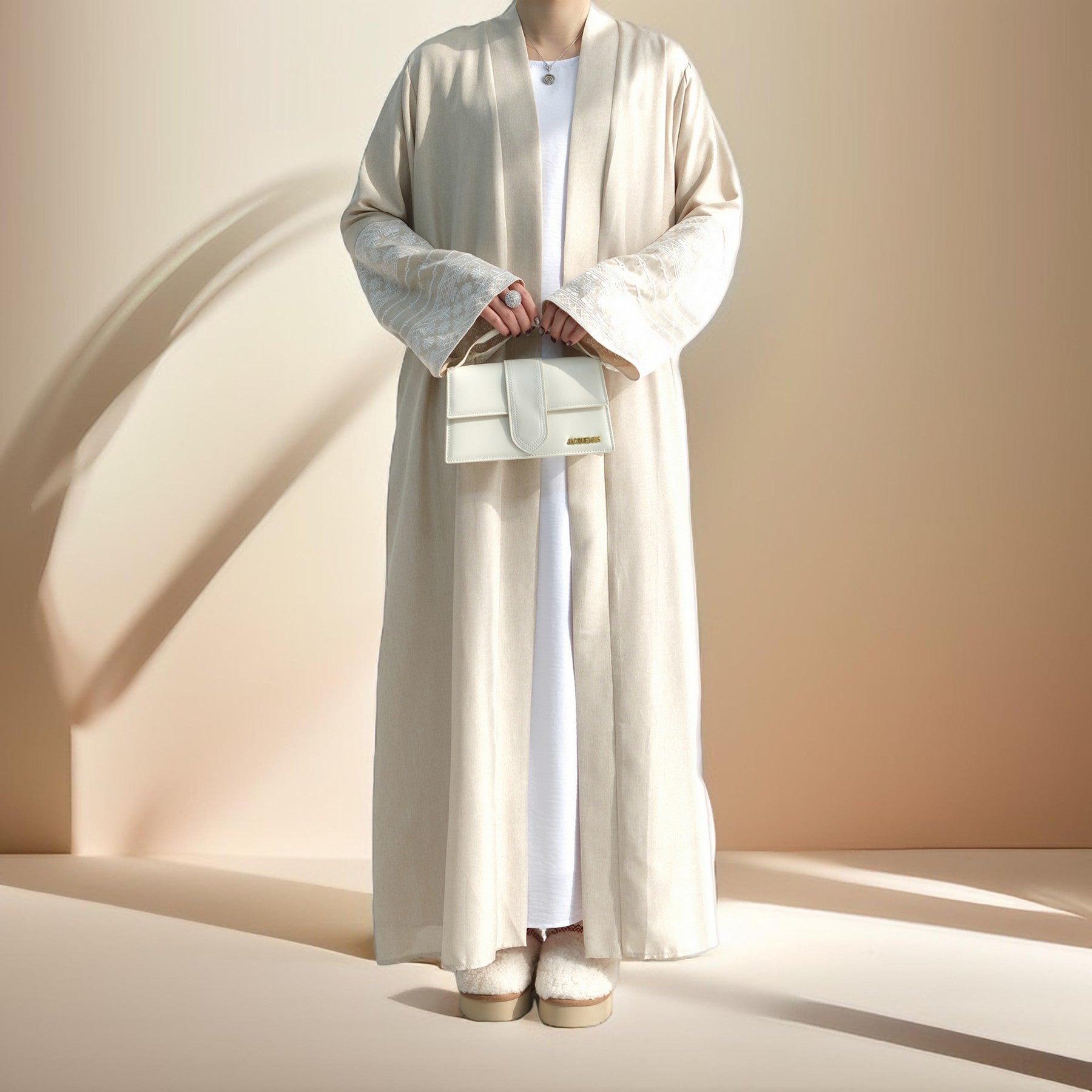 Traditional Embroidered Linen Abaya with Open Front, view 2