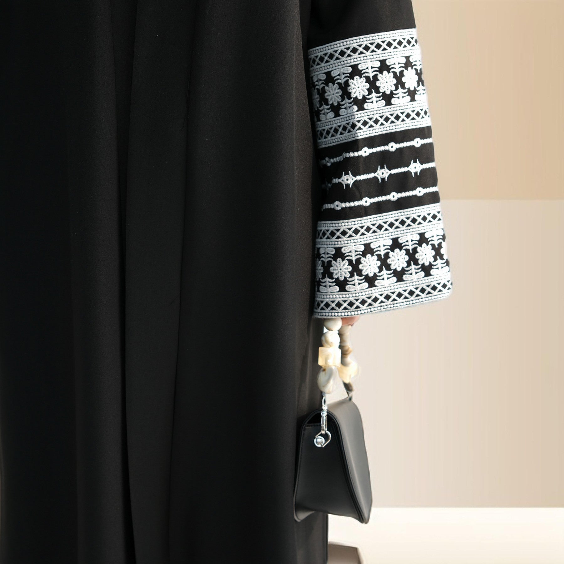 Traditional Embroidered Linen Abaya with Open Front, view 3
