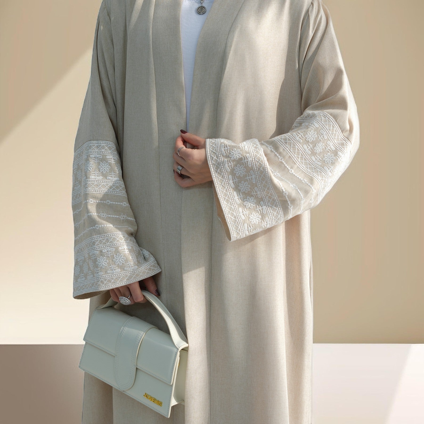 Traditional Embroidered Linen Abaya with Open Front, view 4