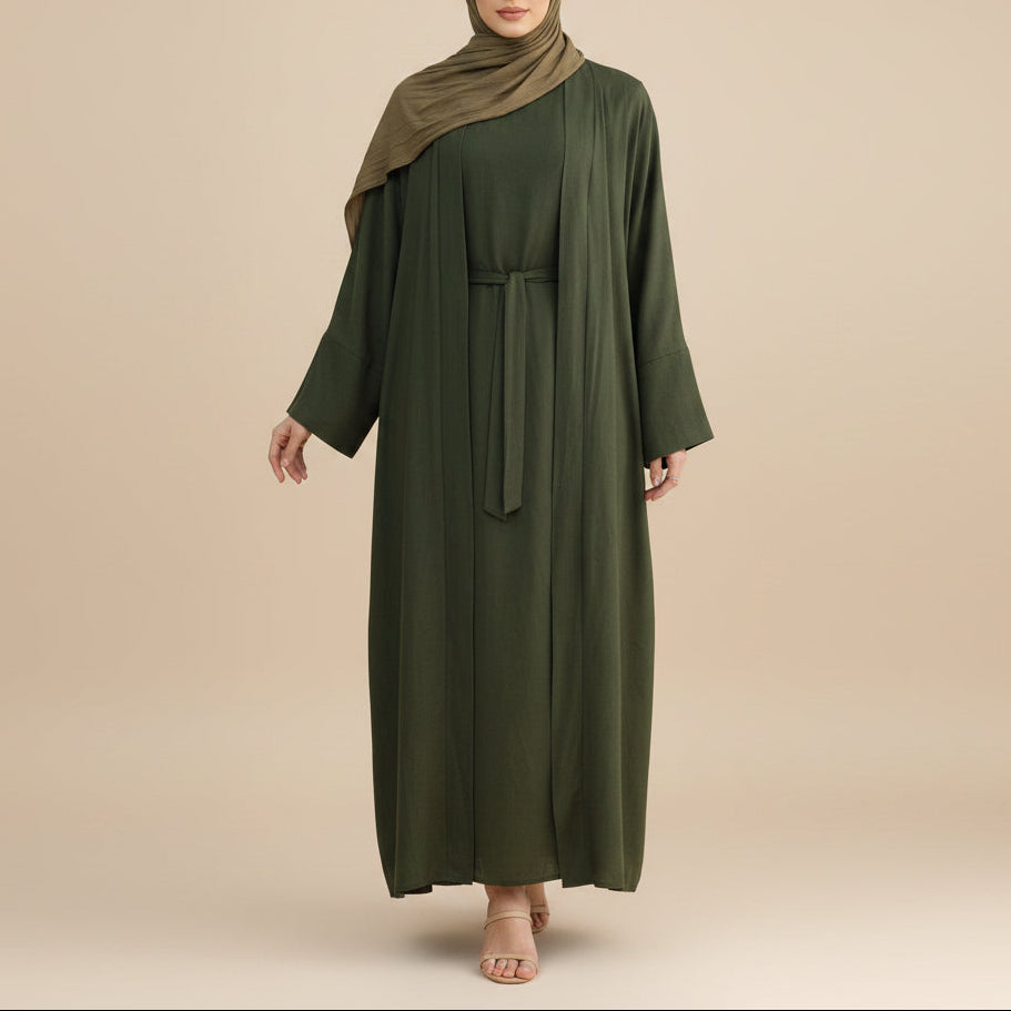 Draped duet abaya throwover and slip dress, view 2