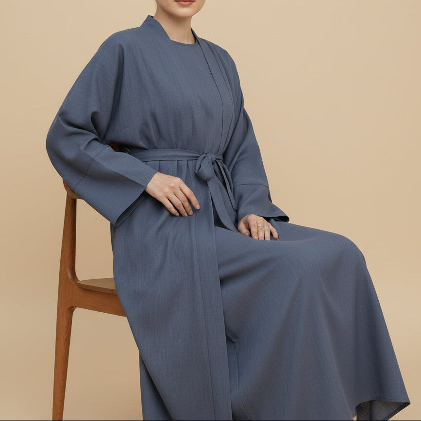 Draped duet abaya throwover and slip dress, view 3