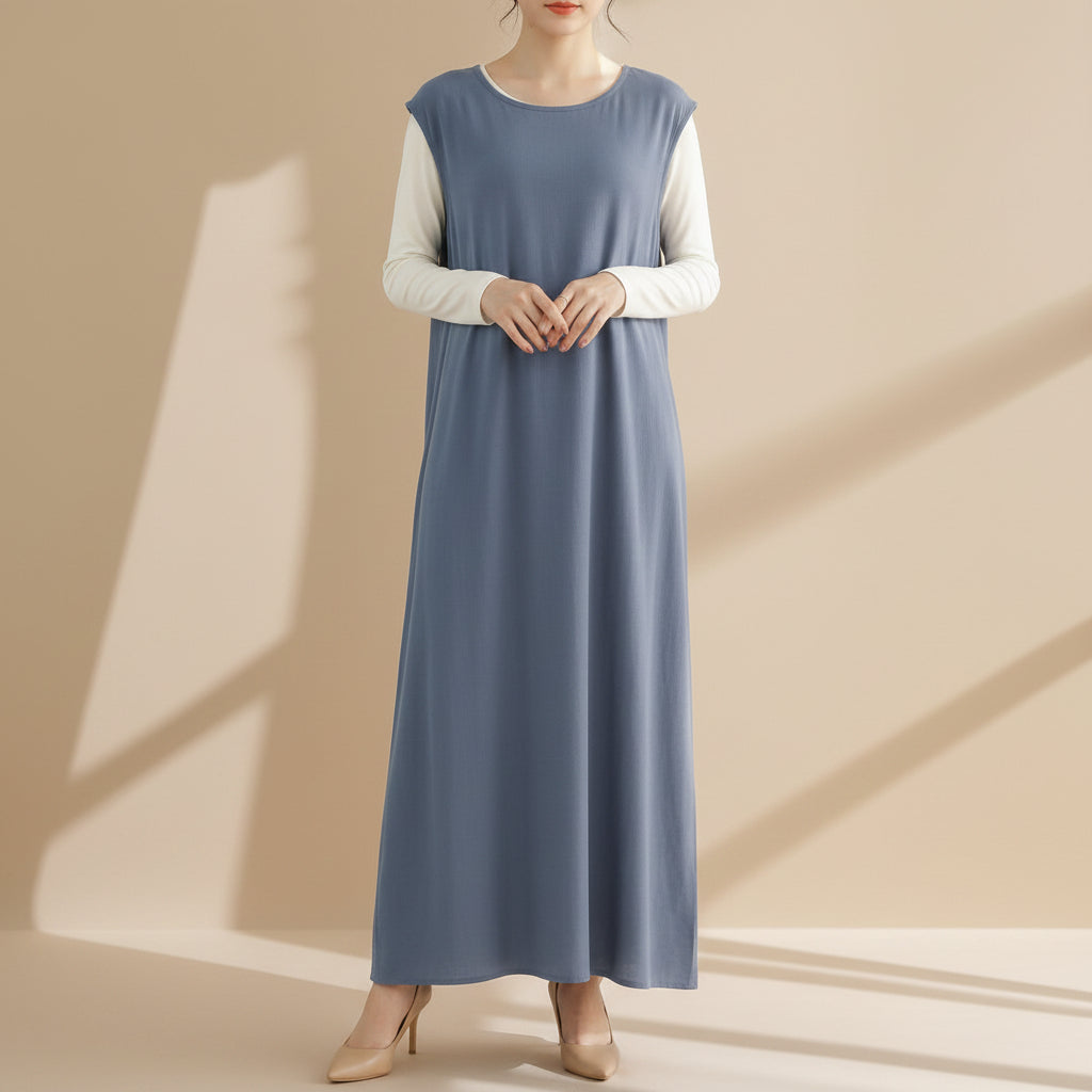 Draped duet abaya throwover and slip dress, view 6