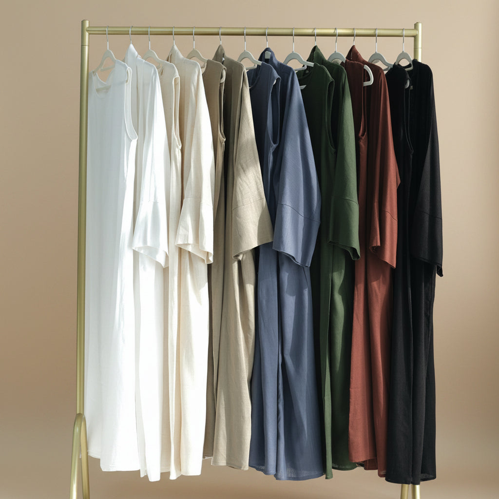 Draped duet abaya throwover and slip dress, view 8