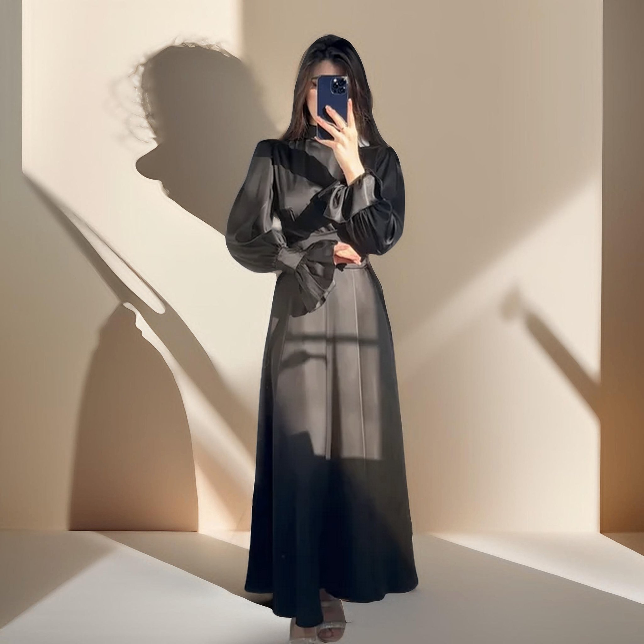 Emerald Embrace: Puff sleeves evening dress, view 3