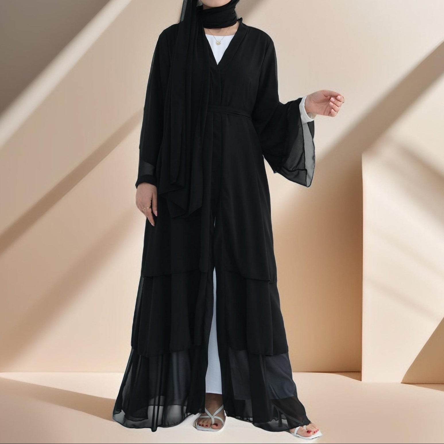 Zayna Three-Layer Chiffon Abaya, view 4