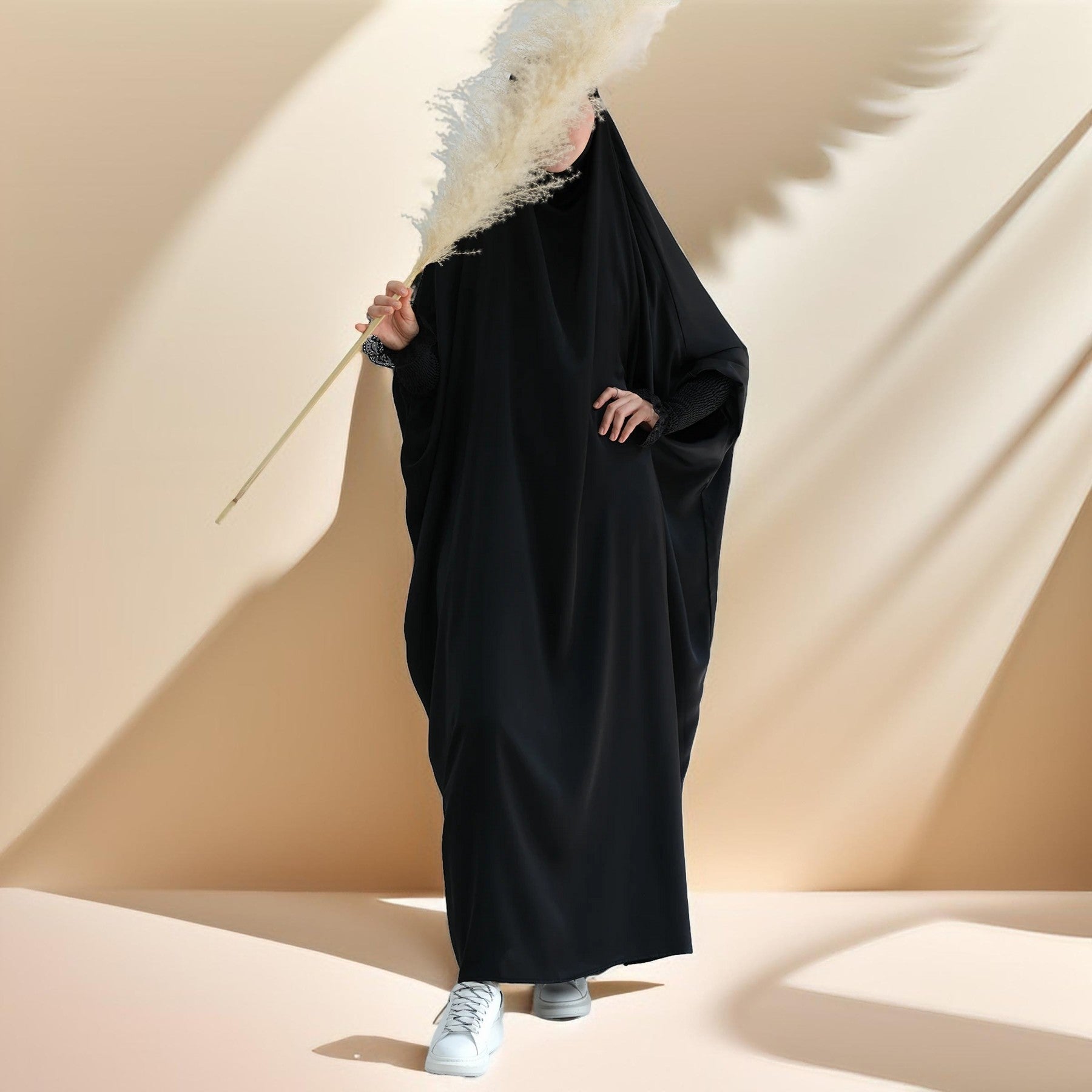 Serenity Ramadan jilbab prayer dress with Ribbed Sleeves and Lace Trim, view 2