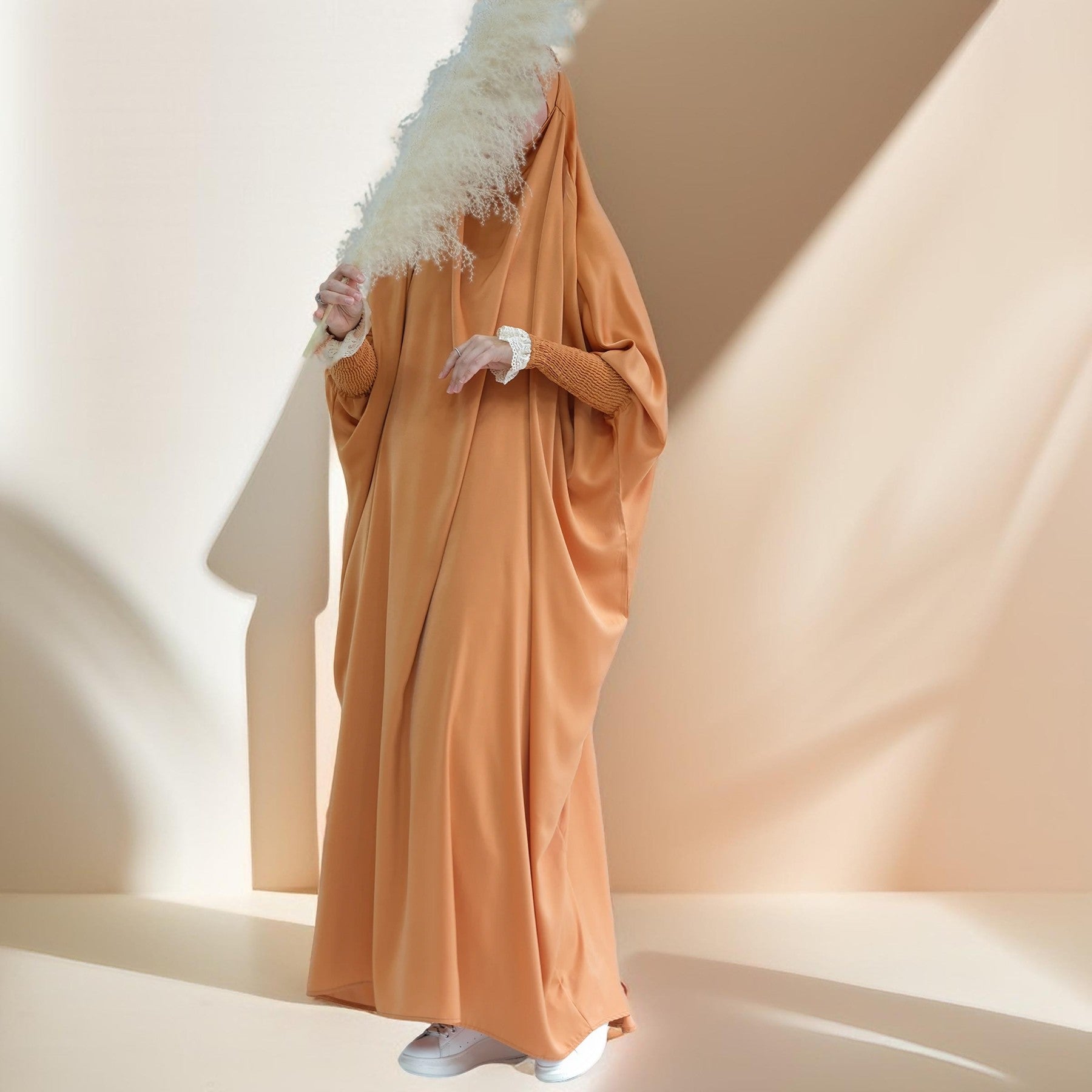 Serenity Ramadan jilbab prayer dress with Ribbed Sleeves and Lace Trim, view 3
