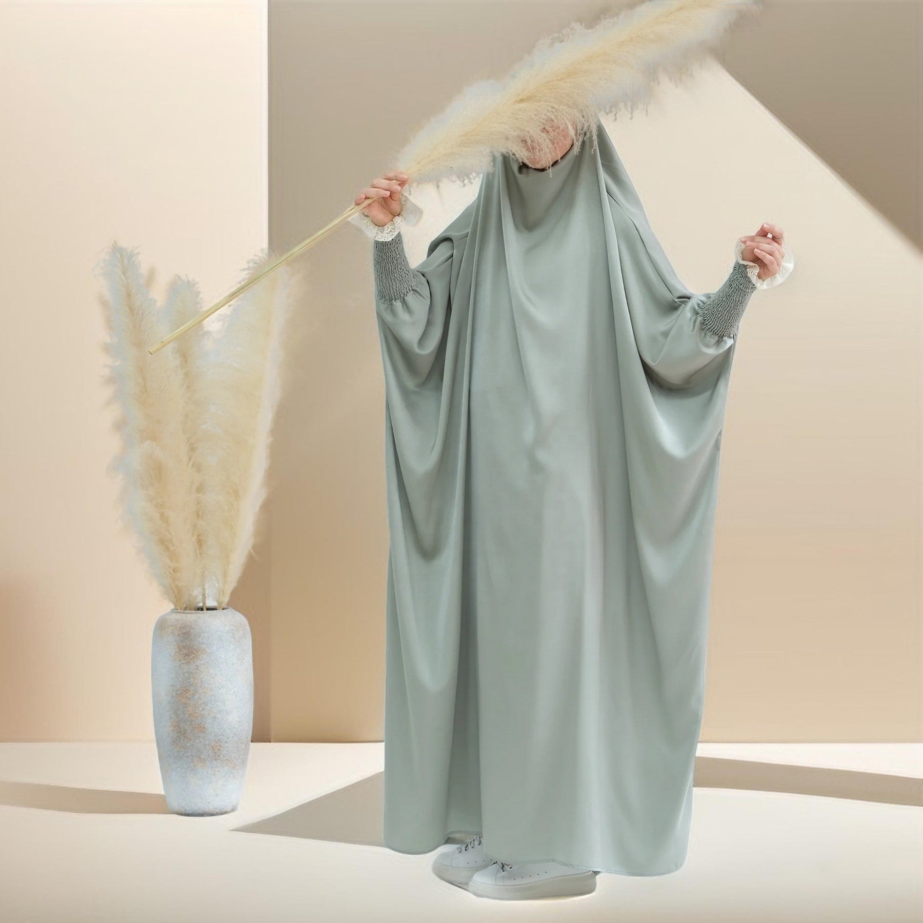 Serenity Ramadan jilbab prayer dress with Ribbed Sleeves and Lace Trim, view 4