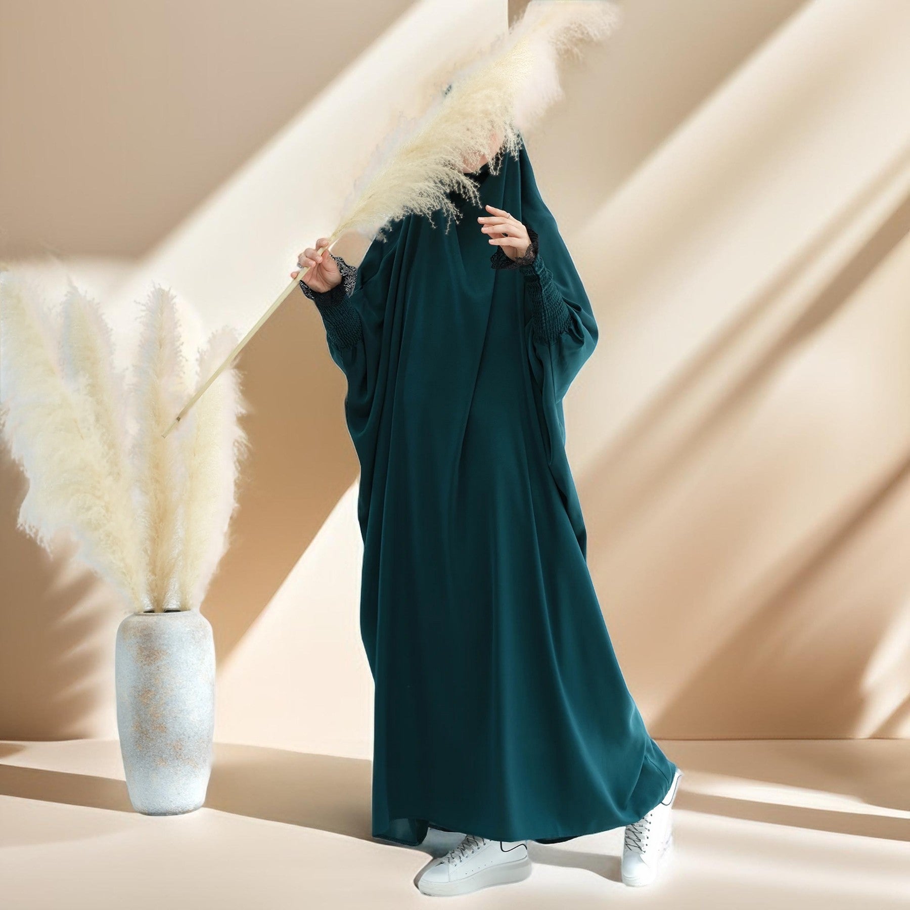 Serenity Ramadan jilbab prayer dress with Ribbed Sleeves and Lace Trim, view 5