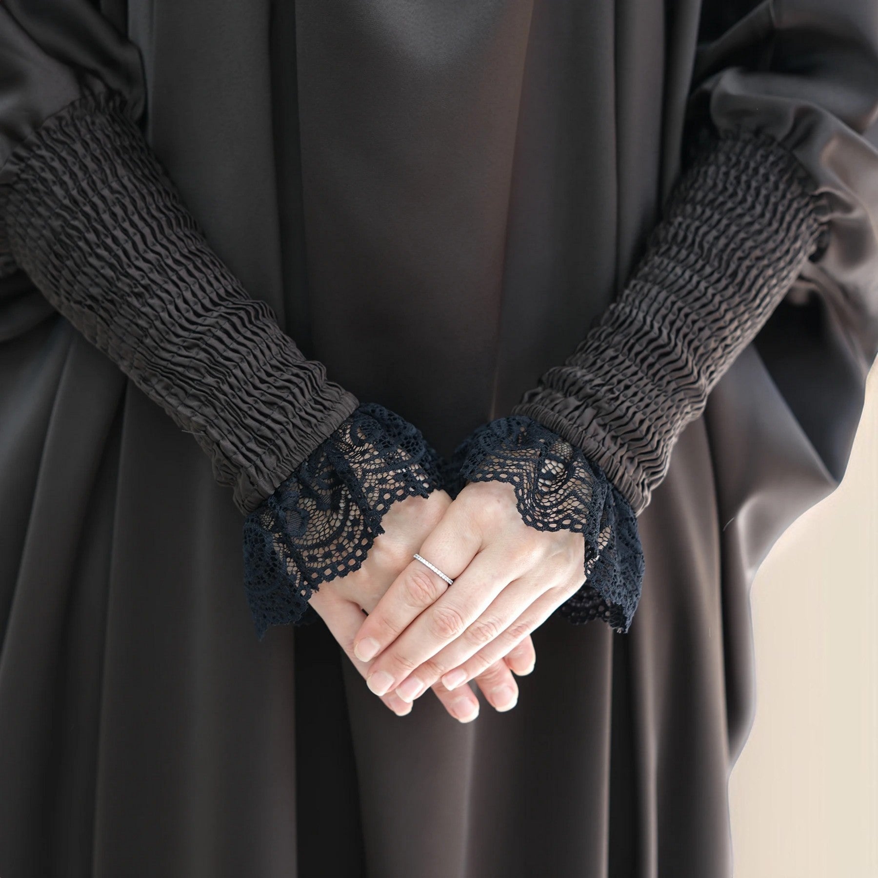 Serenity Ramadan jilbab prayer dress with Ribbed Sleeves and Lace Trim, view 8
