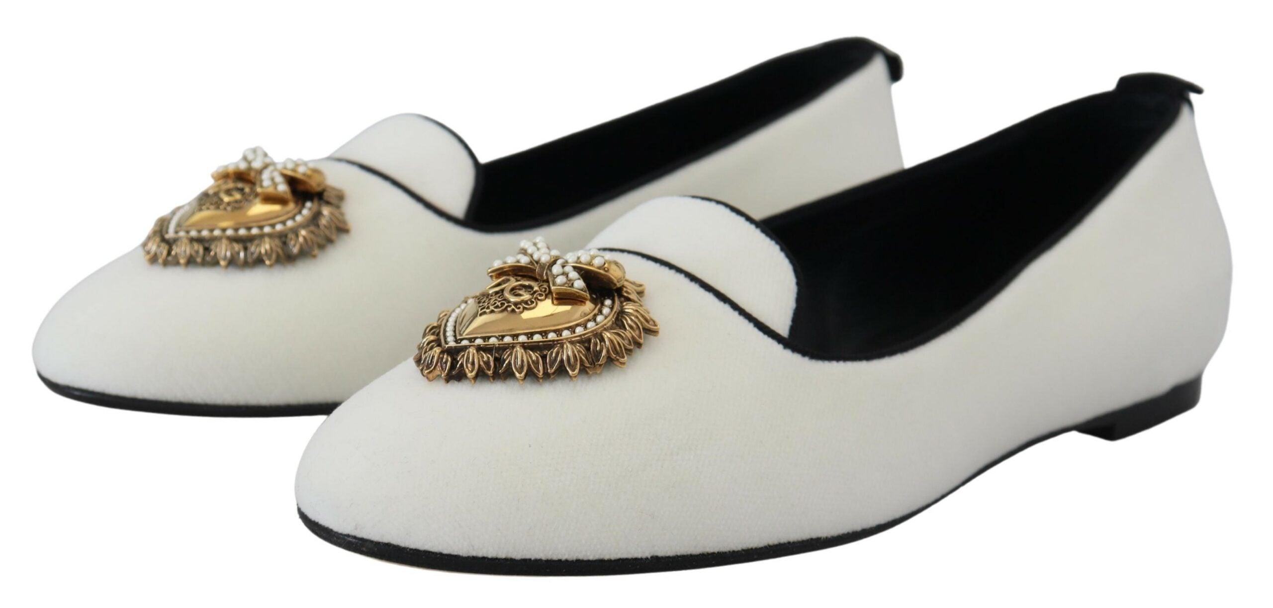 Dolce & Gabbana Gold Devotion Heart Velvet Flat — White, view 3