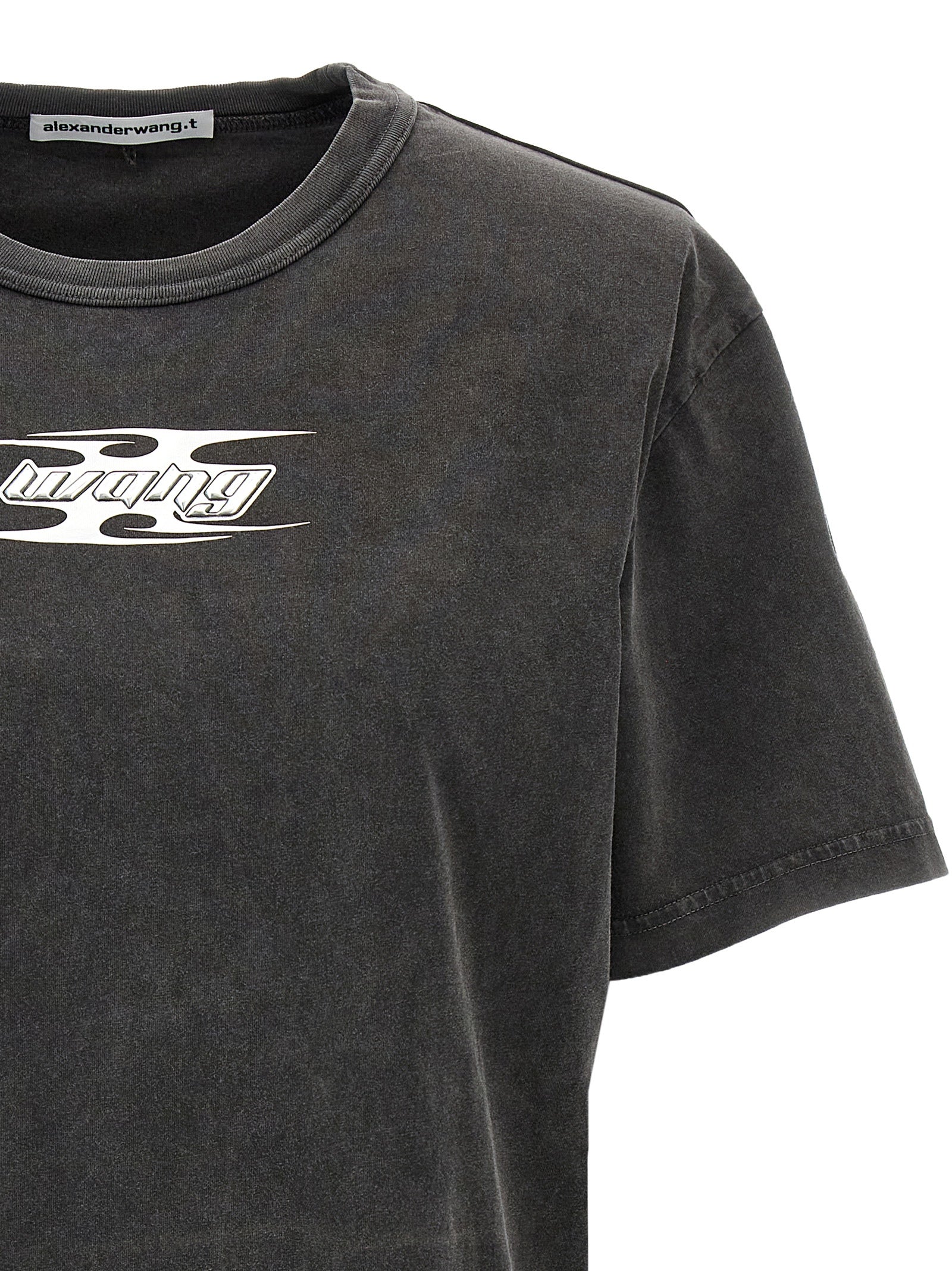 T By Alexander Wang Logo-Embossed Cotton T-Shirt — Gray, view 3