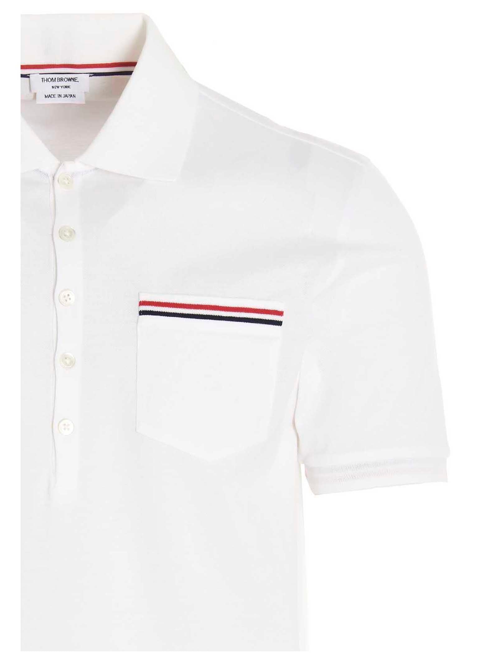 Thom Browne Striped-Pocket Cotton Piqué Polo Shirt — White, view 3