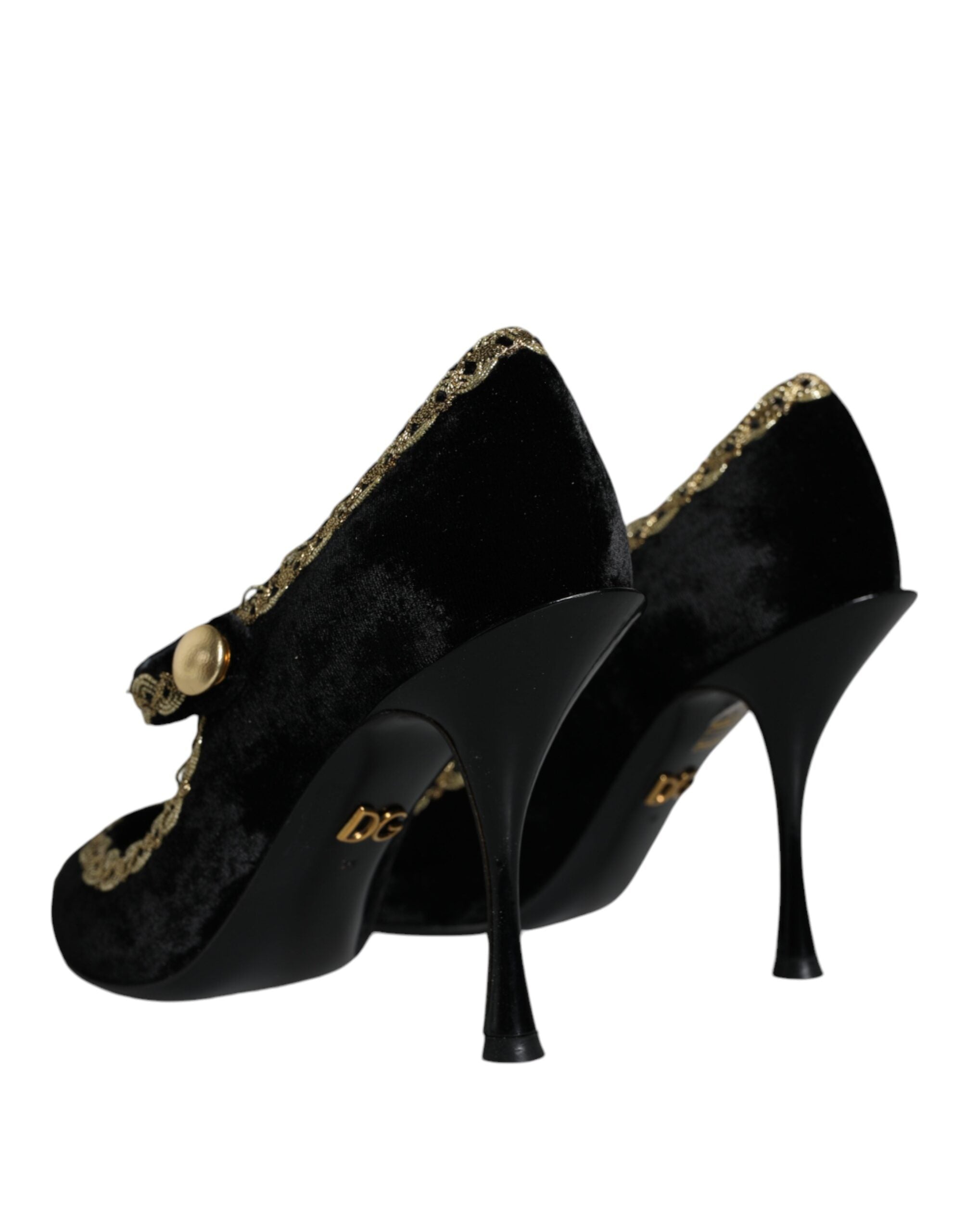 Dolce & Gabbana Gold-Embroidered Velvet Pump — Black, view 3