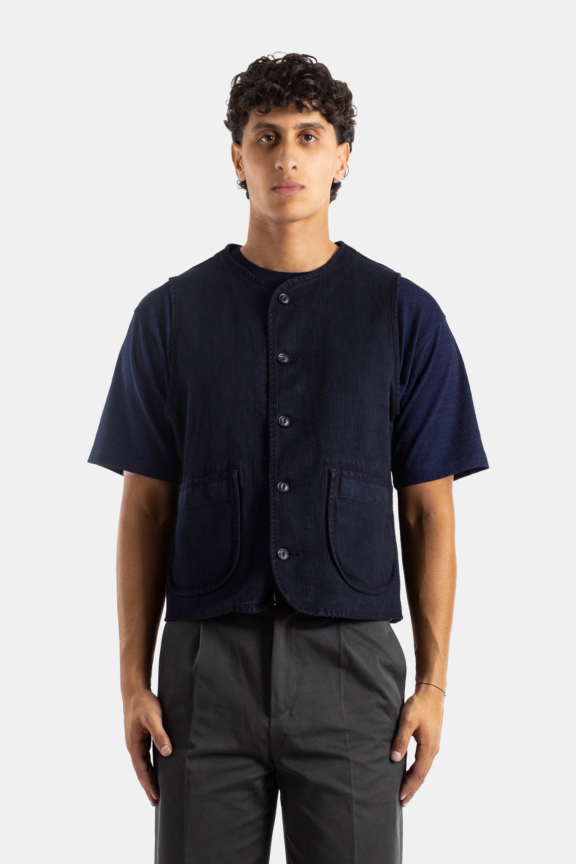 Momotaro Sashiko Overdye Pima Cotton Vest — Navy - M by Momotaro Jeans