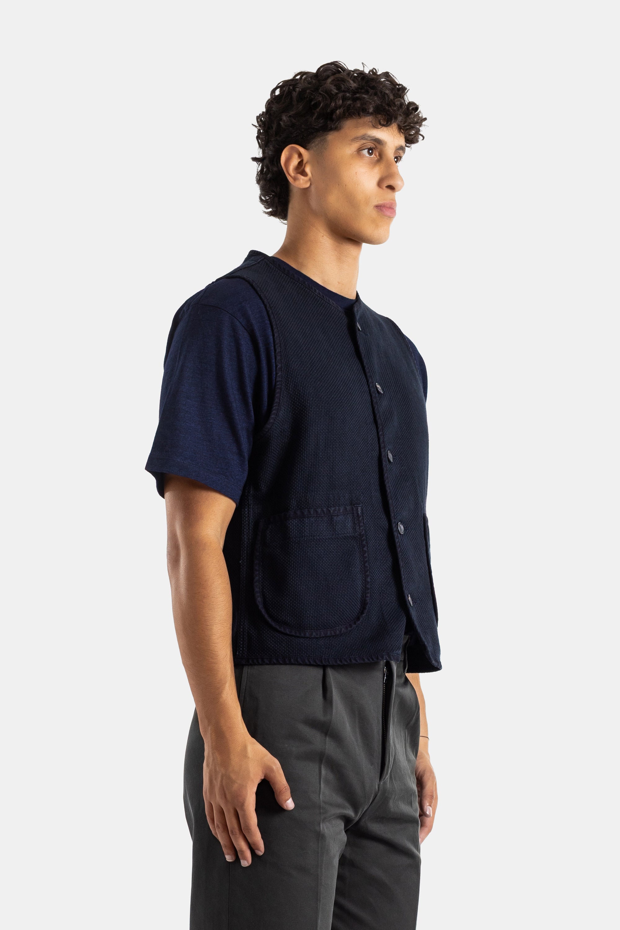 Momotaro Sashiko Overdye Pima Cotton Vest — Navy - M, view 2