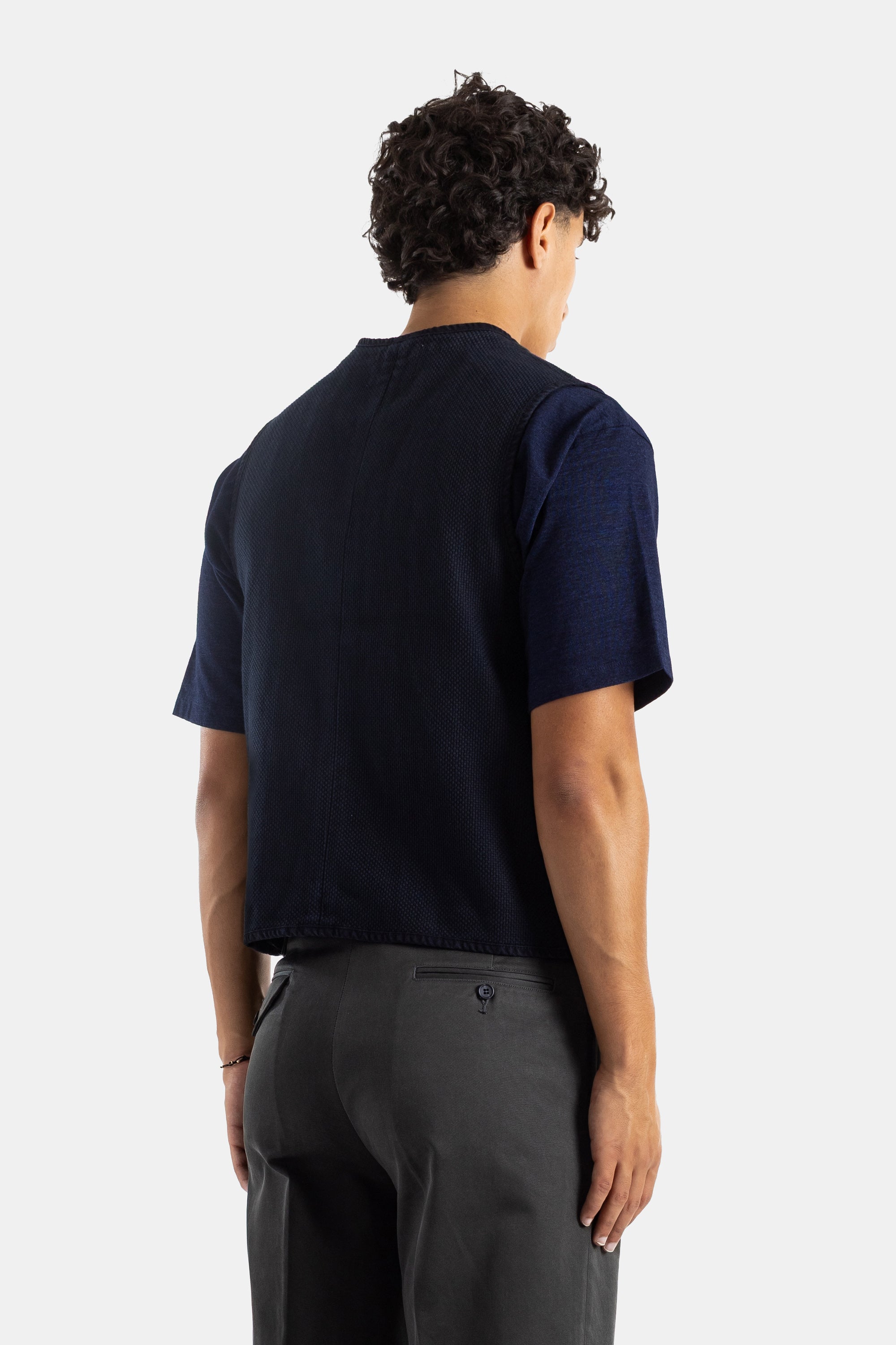 Momotaro Sashiko Overdye Pima Cotton Vest — Navy - M, view 3