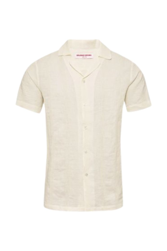 Orlebar Brown Linen Woven Stripe Shirt — Beige, view 2