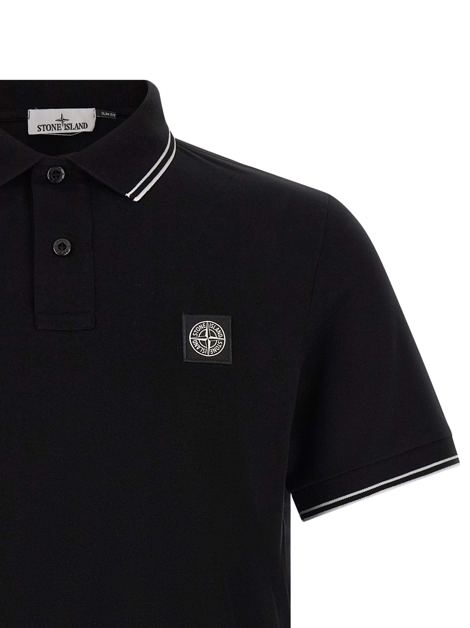 Stone Island Compass Logo Cotton Piqué Polo Shirt — Black, view 3