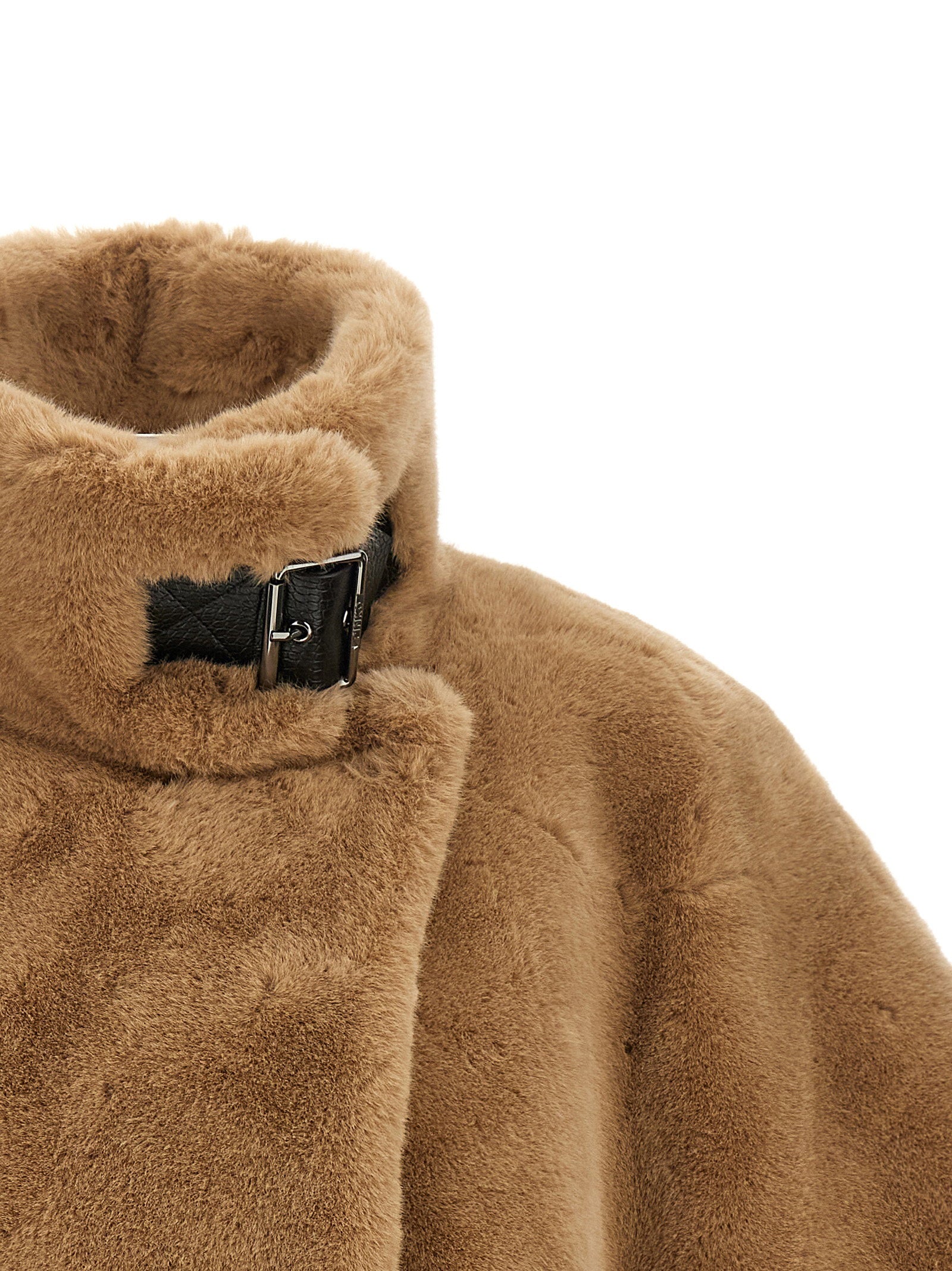 Pinko Fur-Effect Wool Cape — Camel, view 3