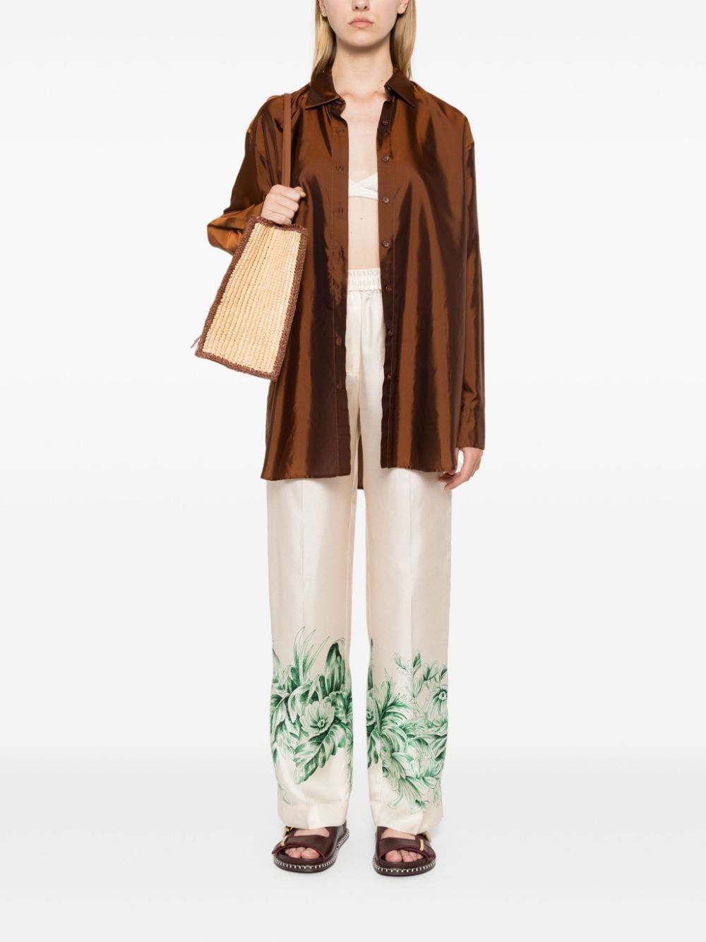 F.R.S . Floral-Print Silk Trousers — Beige, view 3