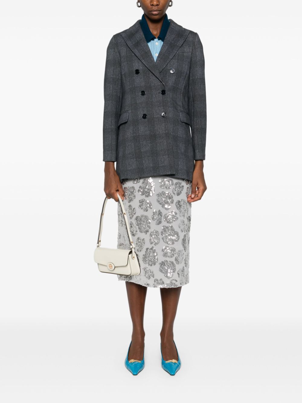 Circolo 1901 Double-Breasted Check Blazer — Charcoal, view 4