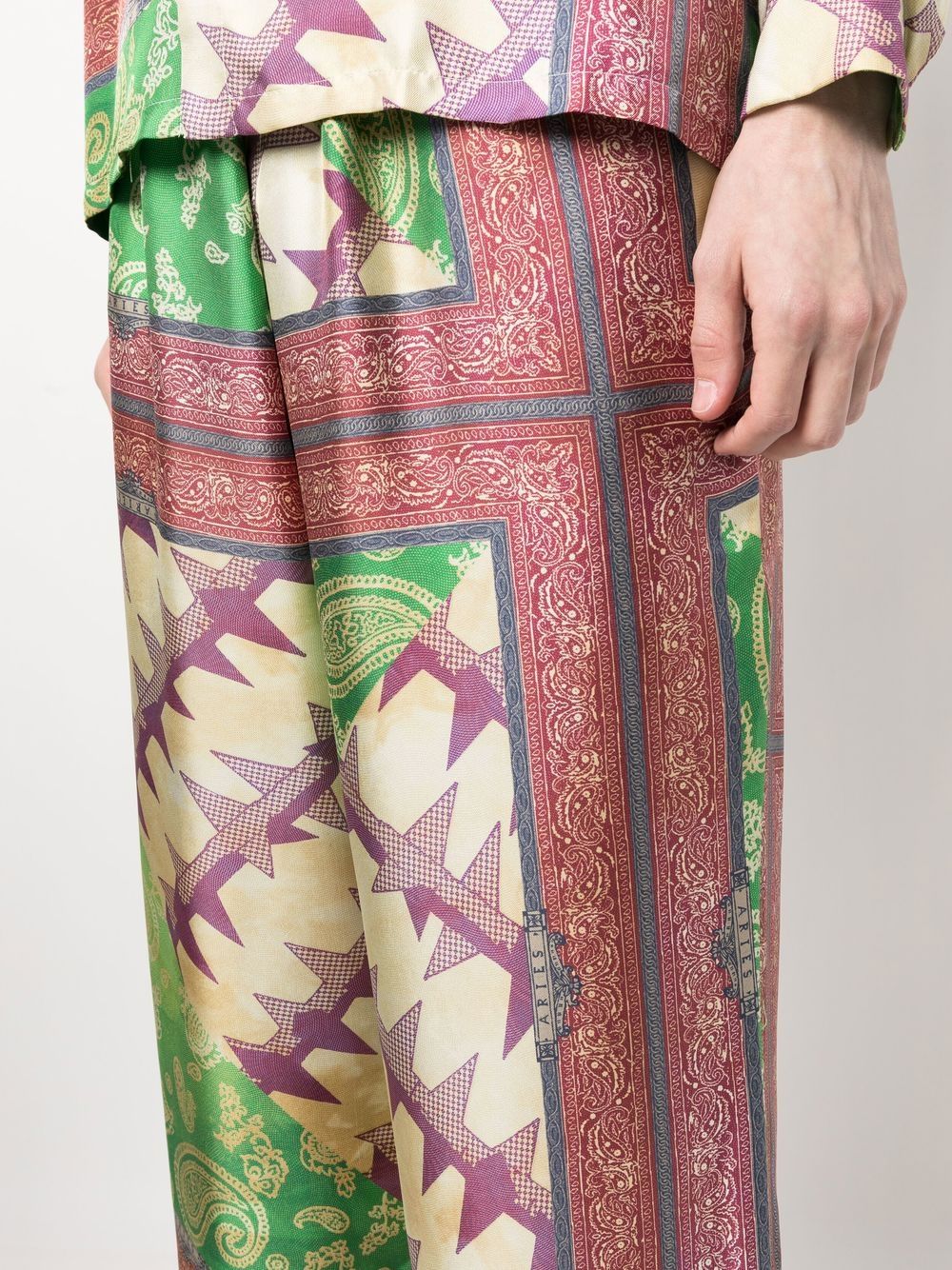 Aries Paisley-Print Silk Trousers — Green, view 2