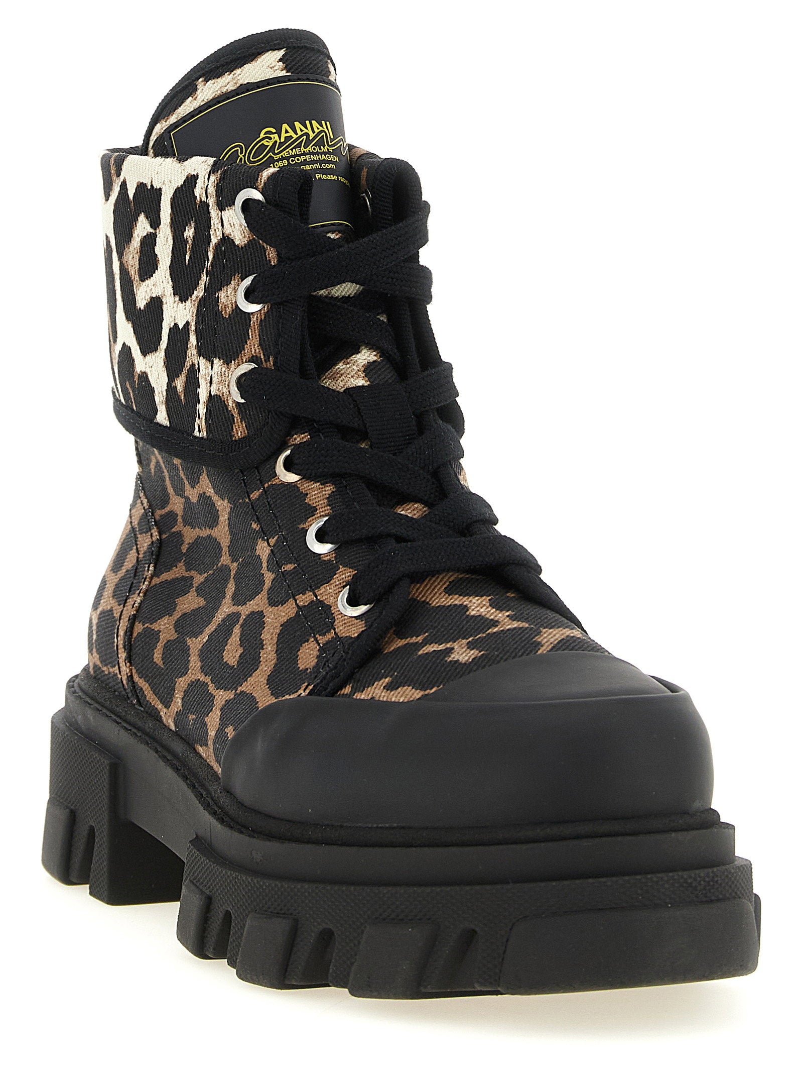 Ganni Leopard Print Cotton Denim Boot — Black, view 2