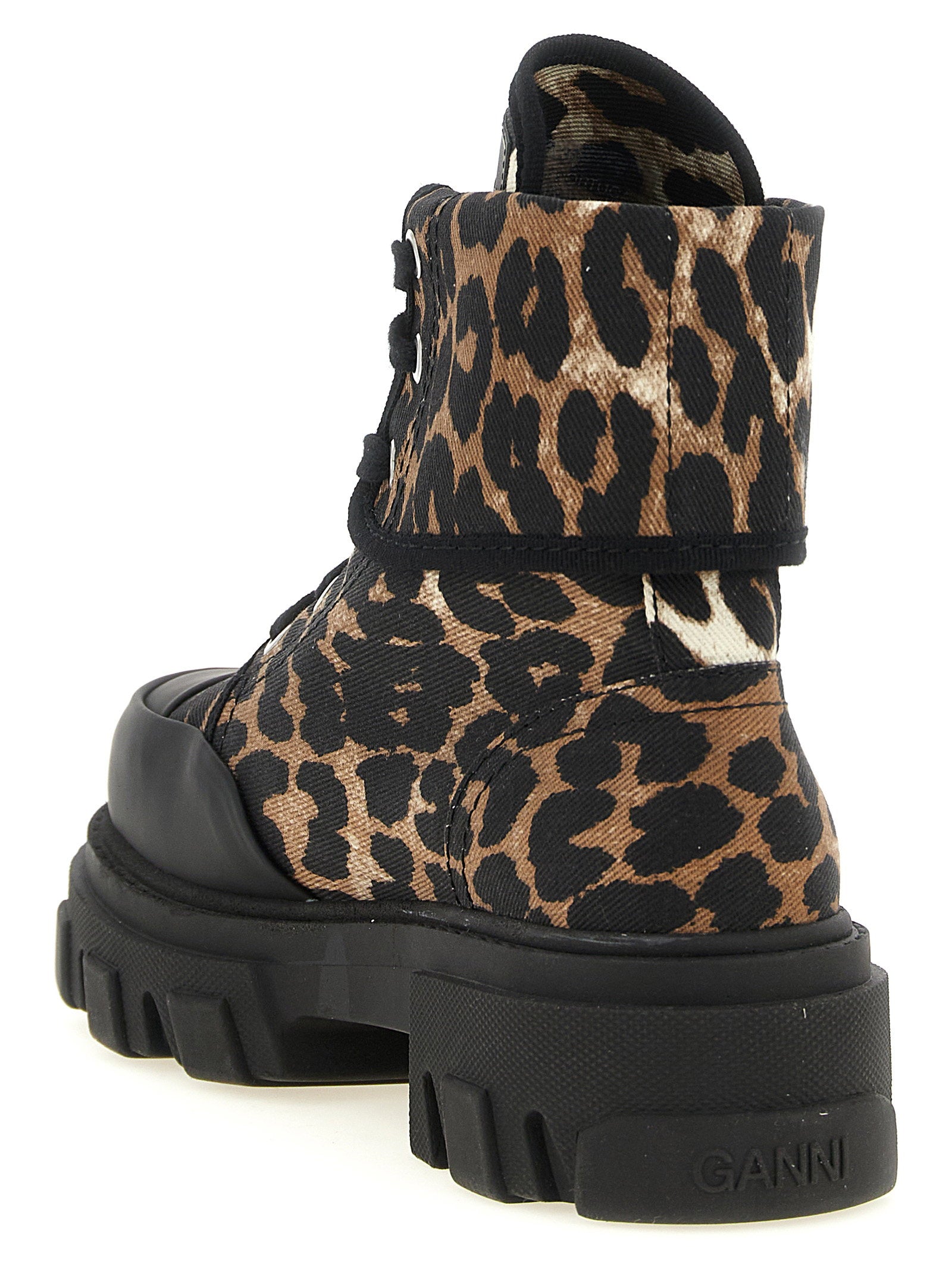 Ganni Leopard Print Cotton Denim Boot — Black, view 3