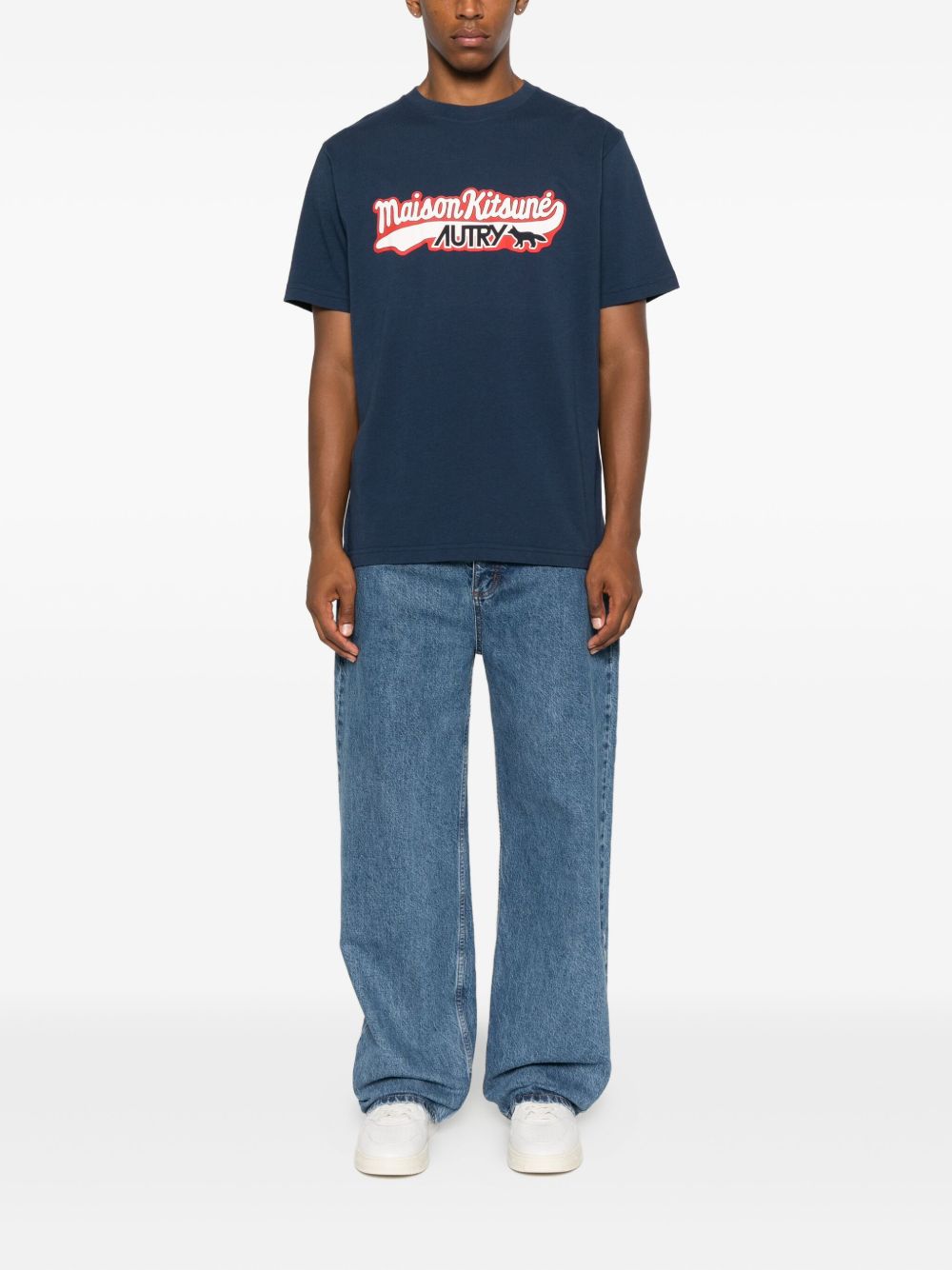 Autry X MAISON KITSUNE Logo-Embroidered Graphic T-Shirt — Navy, view 3