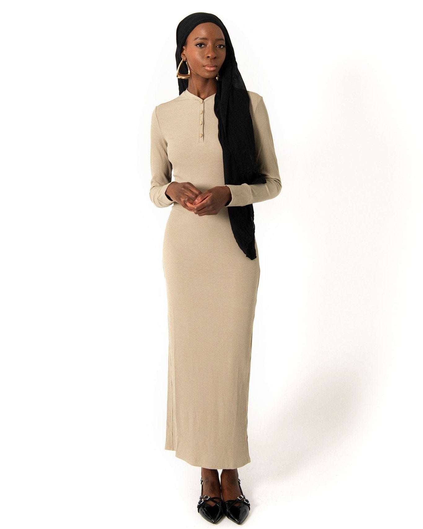 The Henley Maxi: Ribbed Long Sleeve Modest Dress, view 4