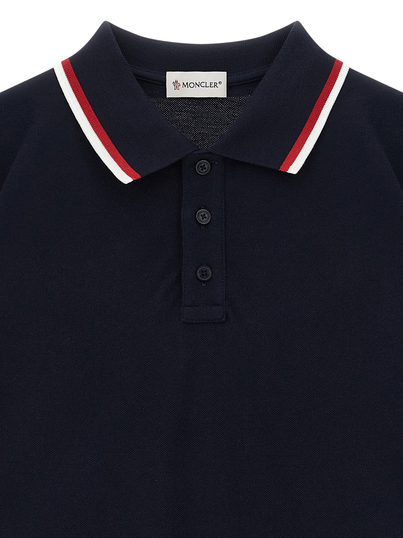 Moncler Enfant Tricolor Piqué Cotton Polo Shirt — Navy, view 3