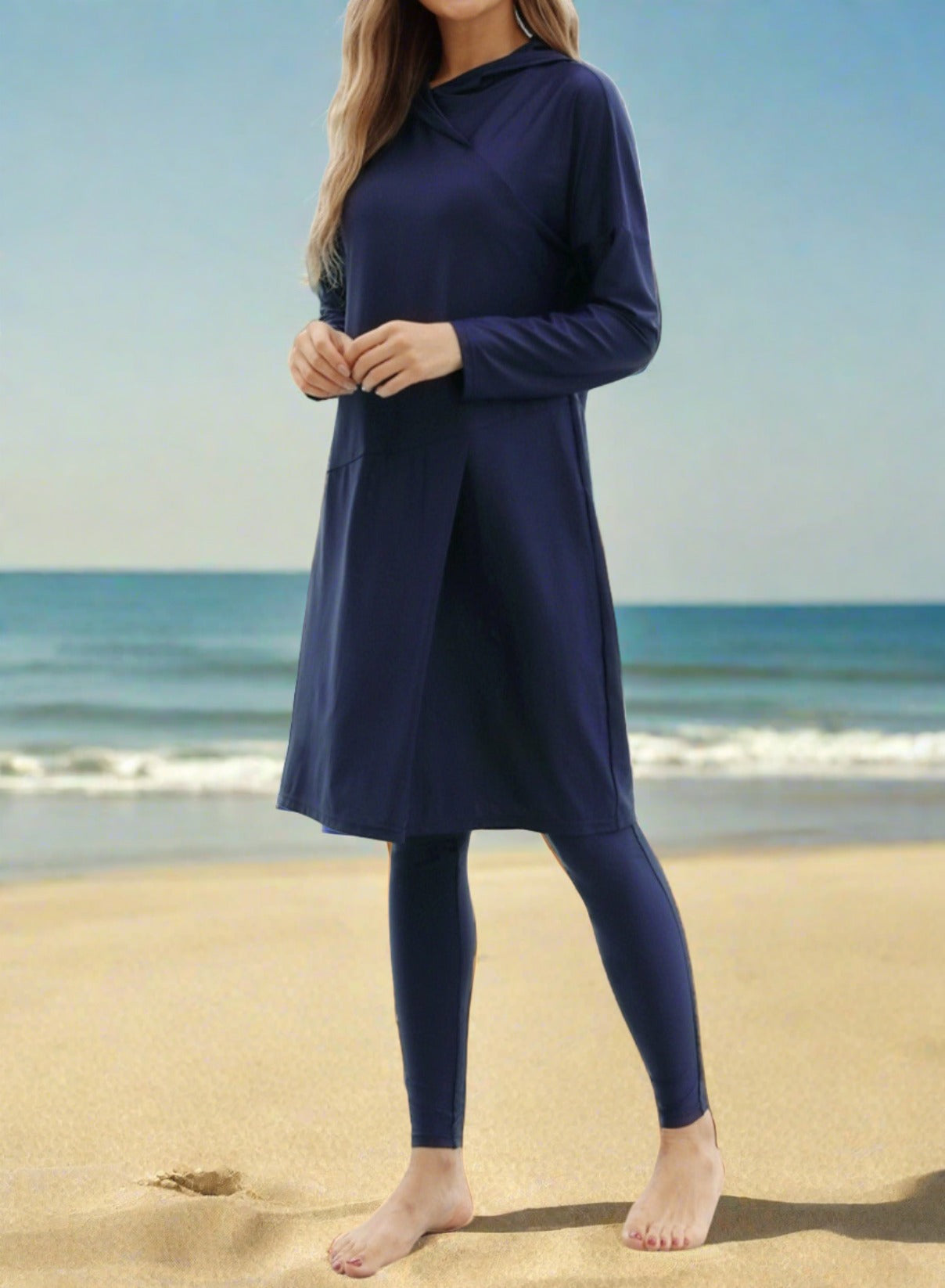 Navy 3 PC modest swimsuit with hoodie, view 2