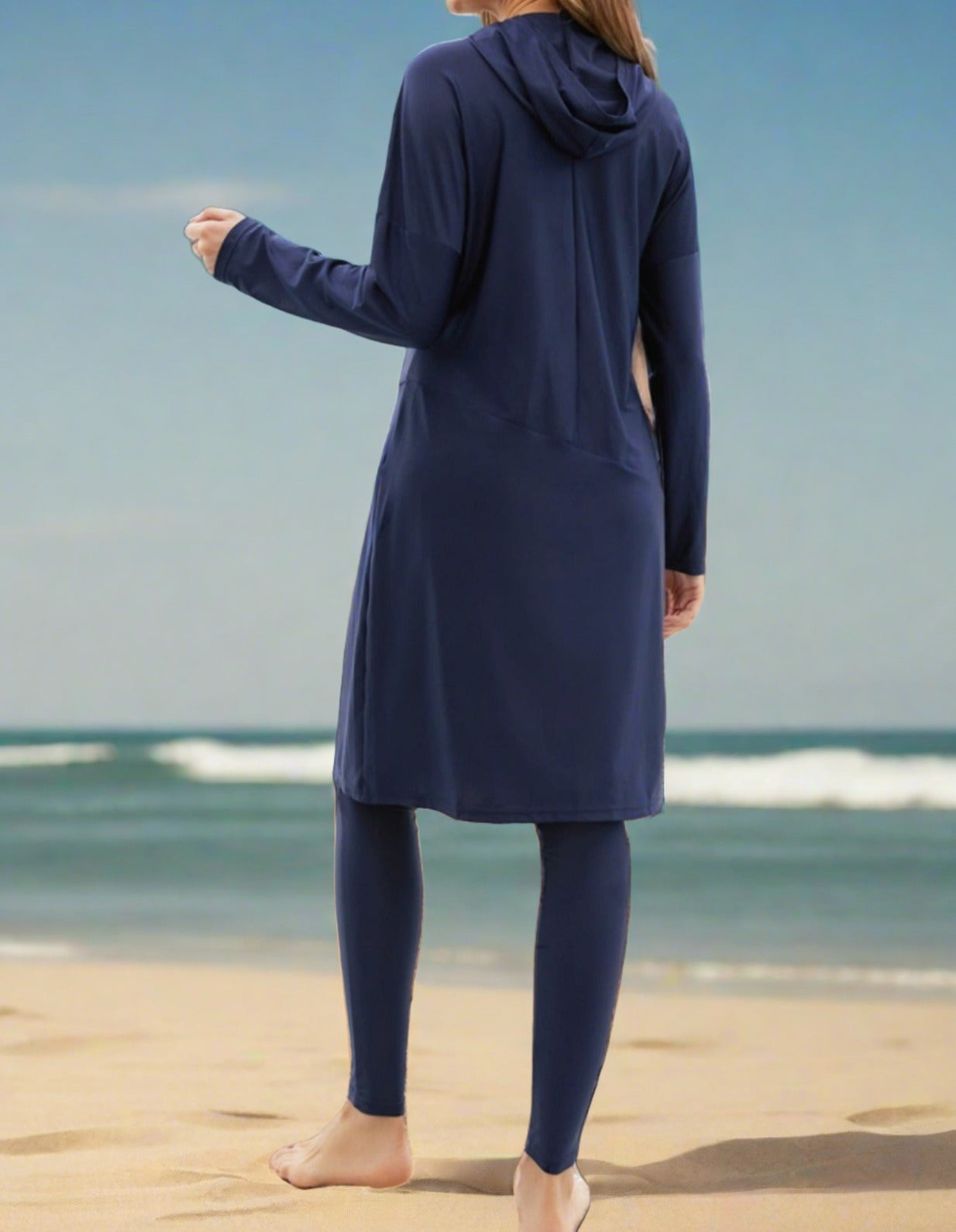 Navy 3 PC modest swimsuit with hoodie, view 3
