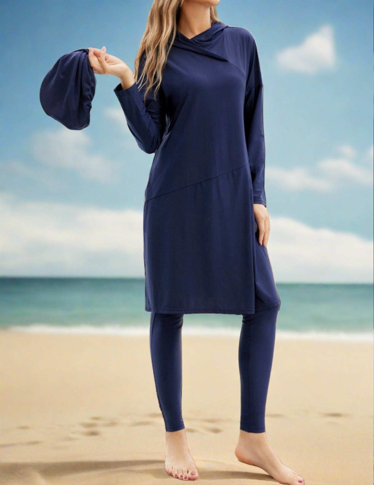 Navy 3 PC modest swimsuit with hoodie, view 4