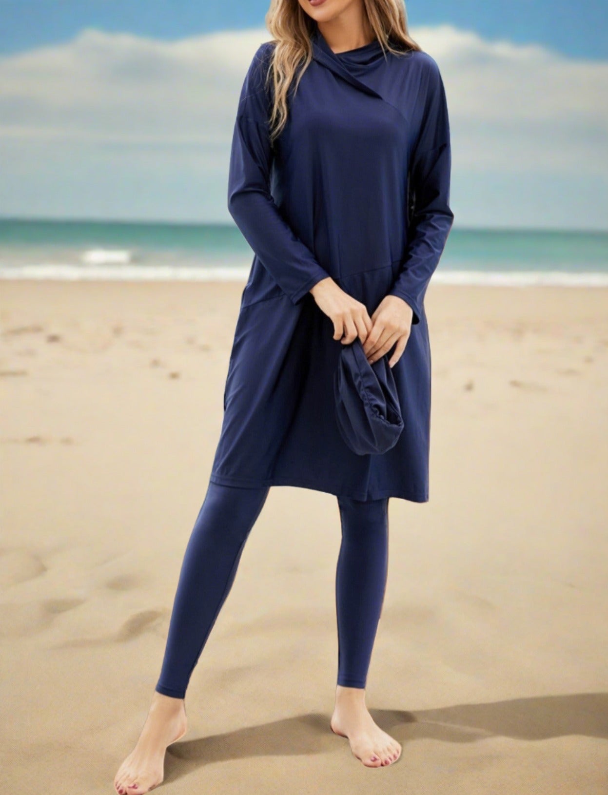 Navy 3 PC modest swimsuit with hoodie, view 6