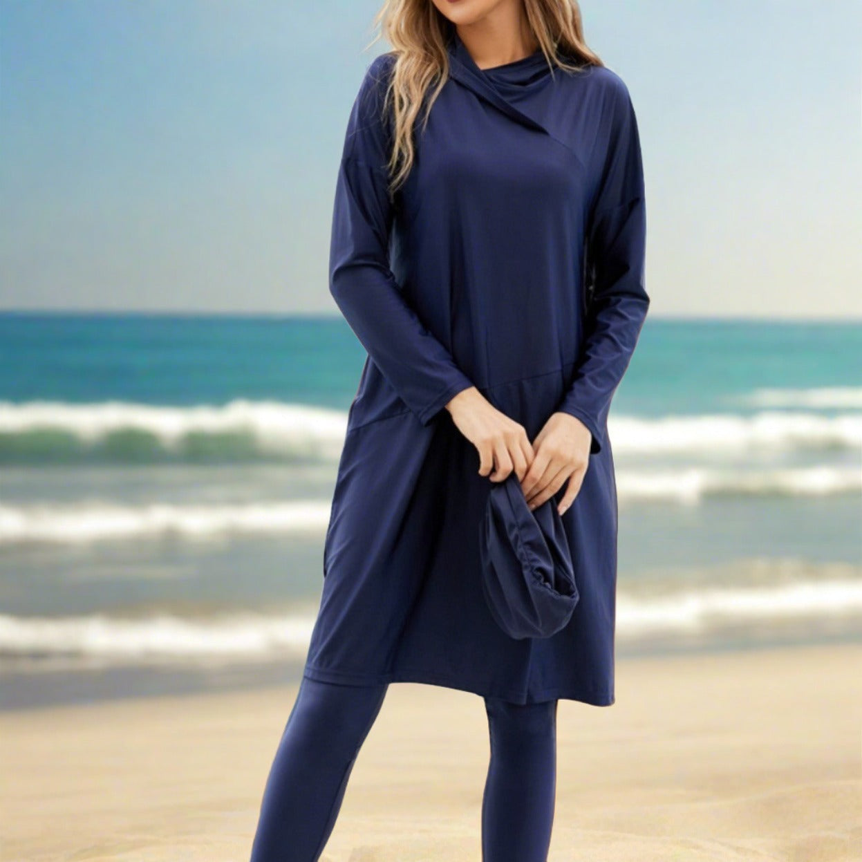 Navy 3 PC modest swimsuit with hoodie, view 7