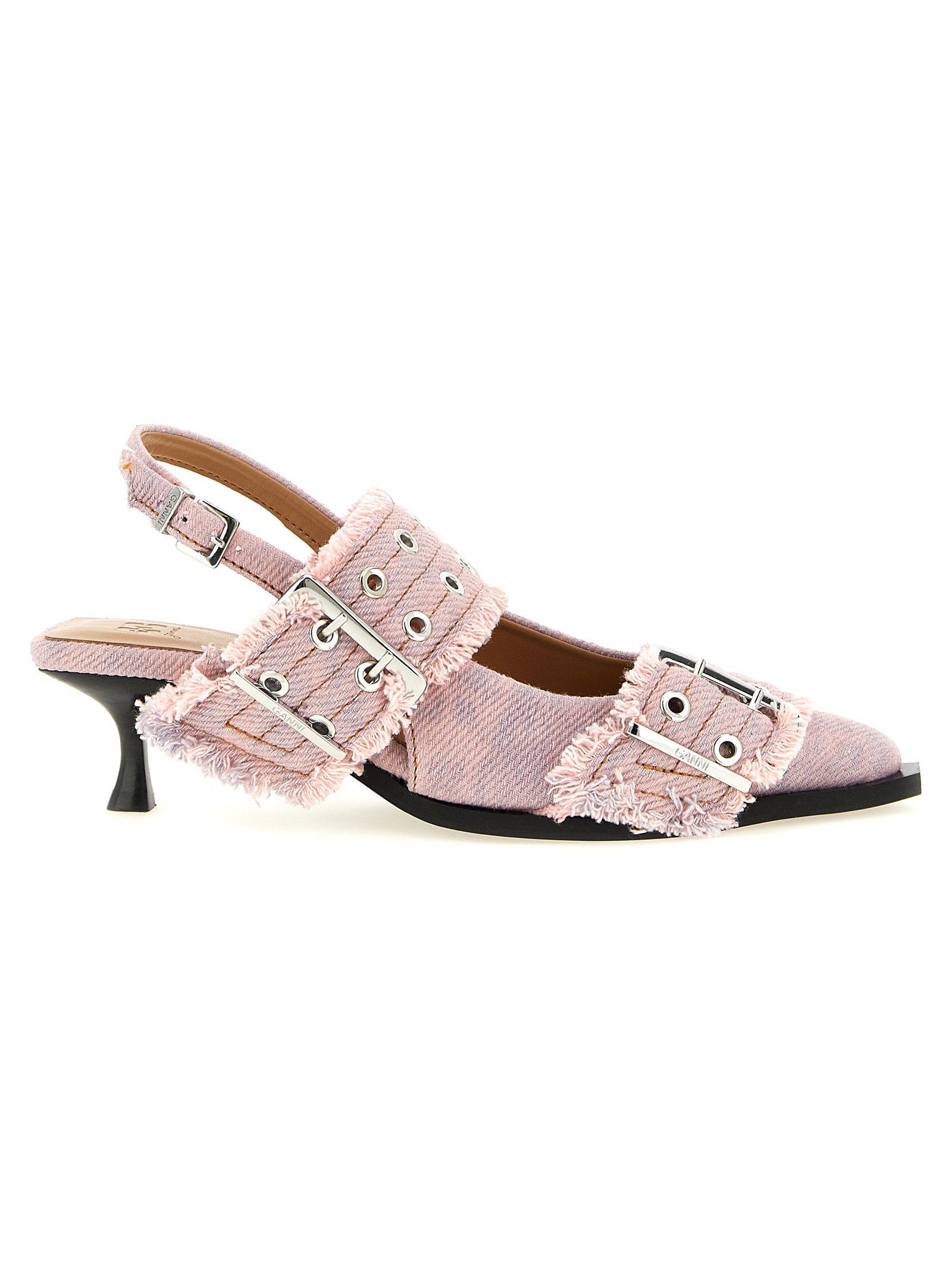 Ganni Buckle-Trimmed Fringed Denim Slingback Heel — Pink by Ganni