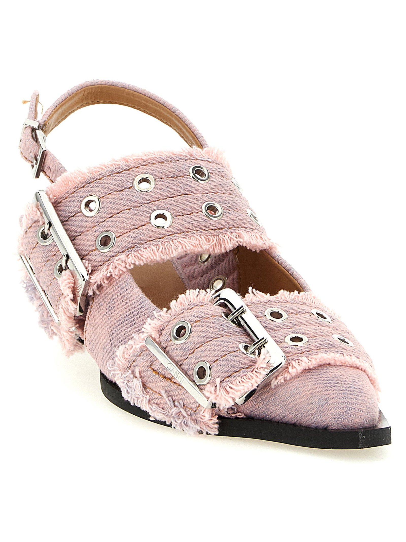 Ganni Buckle-Trimmed Fringed Denim Slingback Heel — Pink, view 2