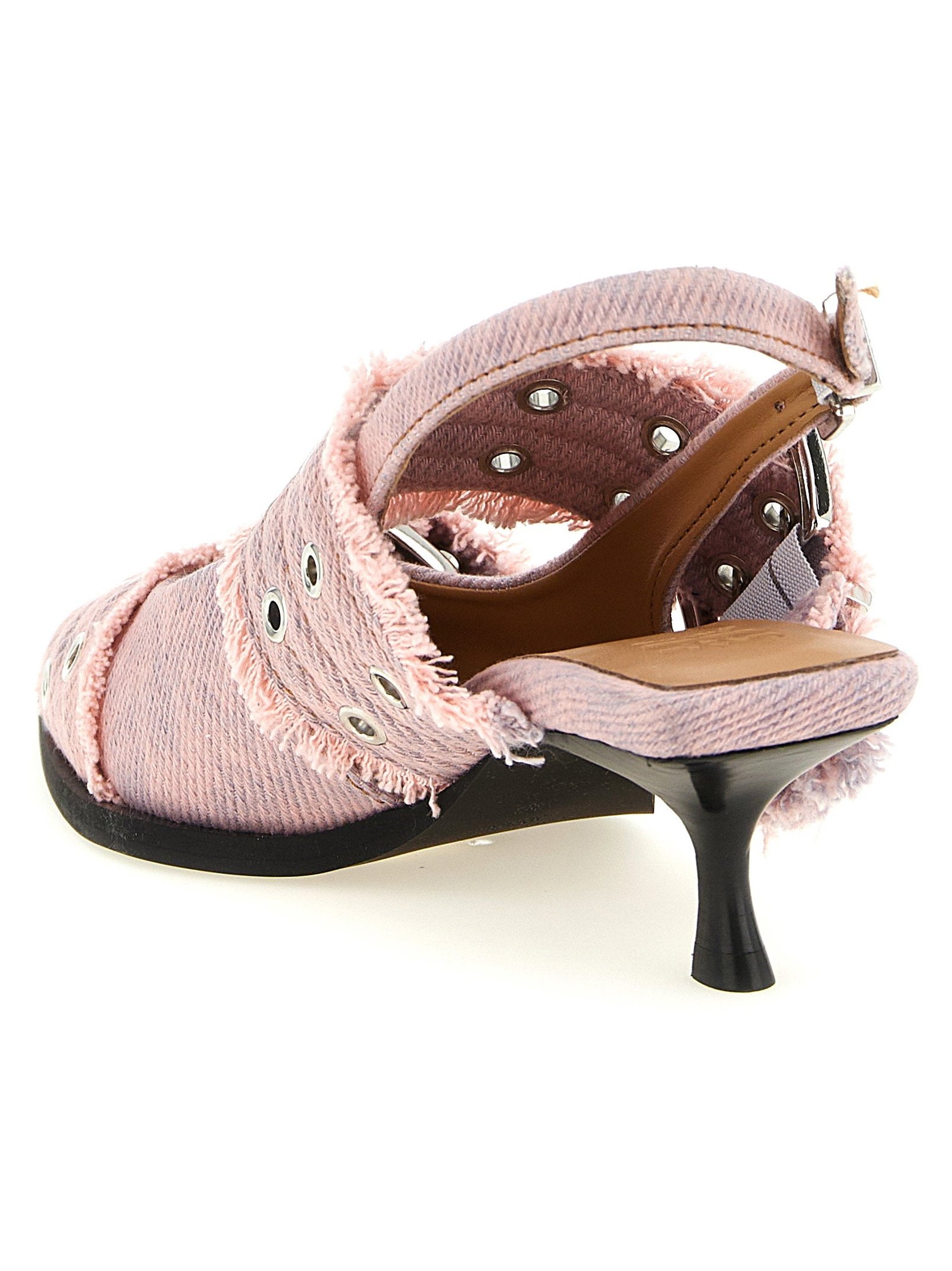 Ganni Buckle-Trimmed Fringed Denim Slingback Heel — Pink, view 3