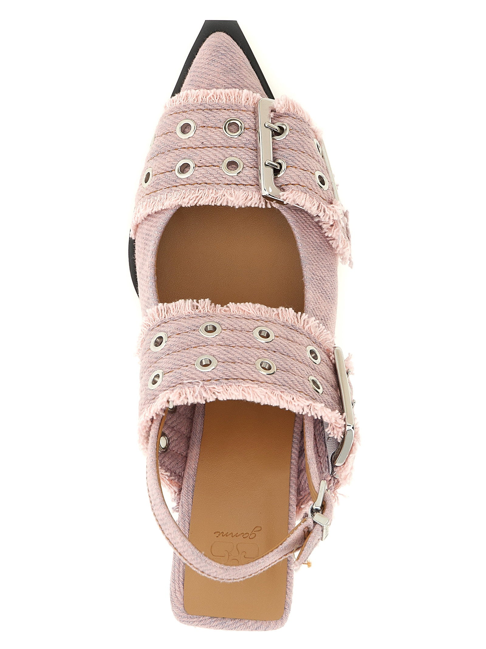 Ganni Buckle-Trimmed Fringed Denim Slingback Heel — Pink, view 4