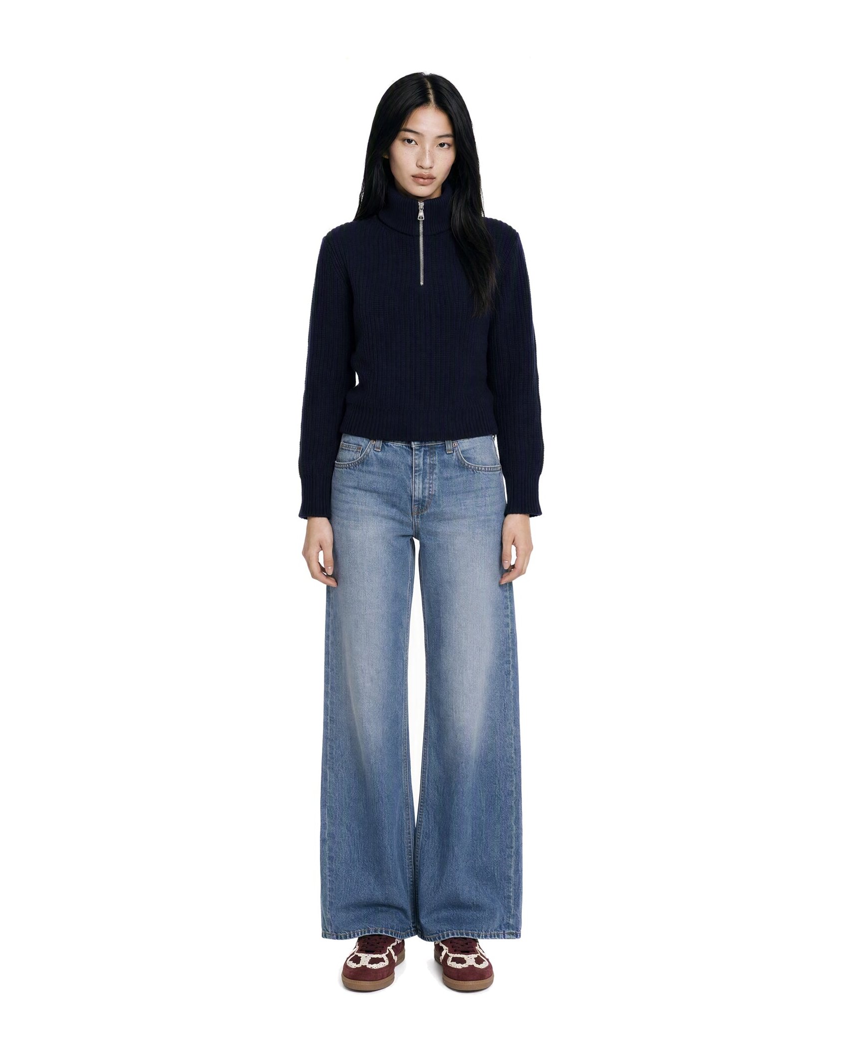 Weekend Max Mara Half-Zip Ribbed Virgin Wool Sweater — Navy, view 3