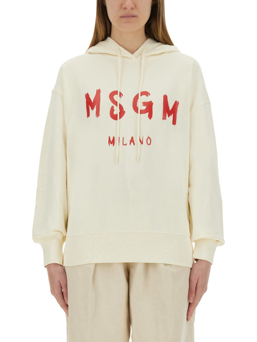 MSGM Brushed Logo Cotton Sweatshirt — Ivory, view 3