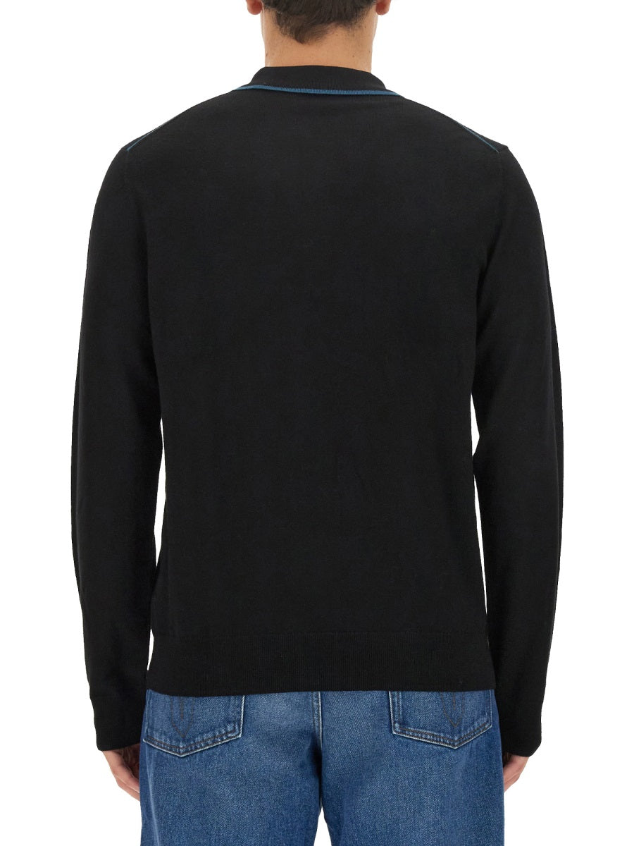 Ps Paul Smith Logo Merino Wool Polo Sweater — Black, view 2
